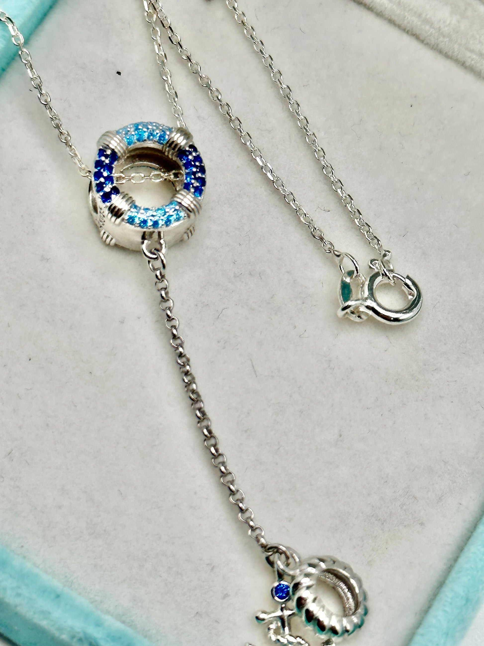 Nautical Anchor Blue Rhinestone September December Birthstone Necklace on an 18” 925 Sterling Silver Chain