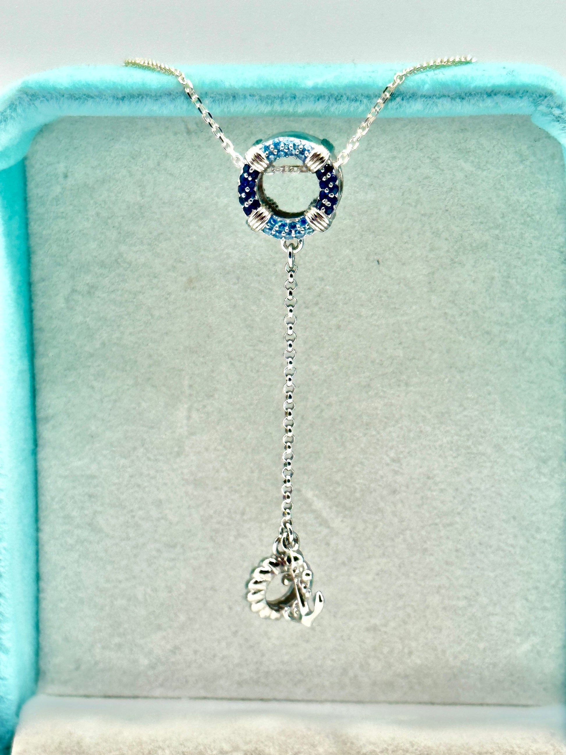 Nautical Anchor Blue Rhinestone September December Birthstone Necklace on an 18” 925 Sterling Silver Chain