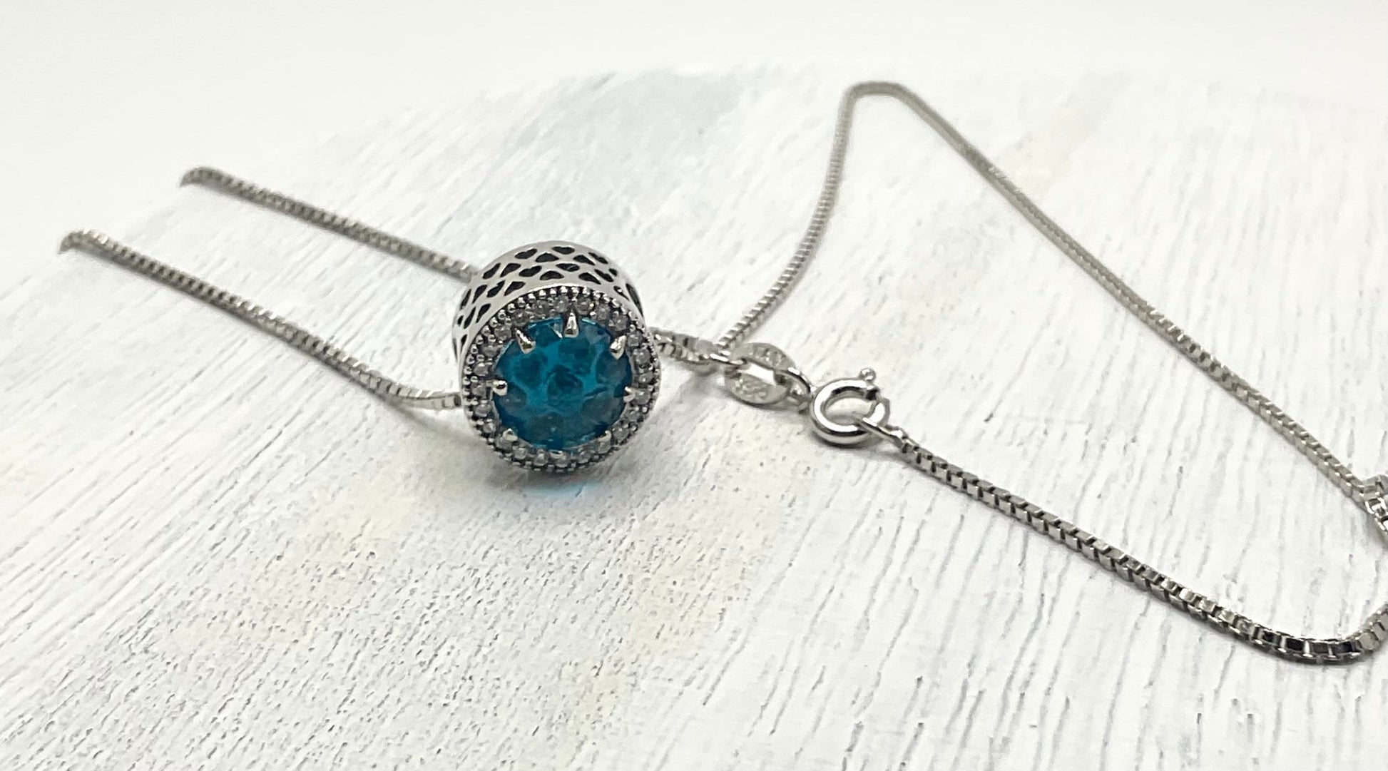 Aqua March Birthstone Aquamarine Blue Necklace Pendant on an 18” 925 Sterling Silver Box Chain