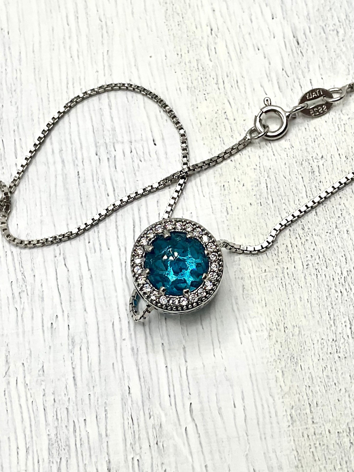 Aqua March Birthstone Aquamarine Blue Necklace Pendant on an 18” 925 Sterling Silver Box Chain