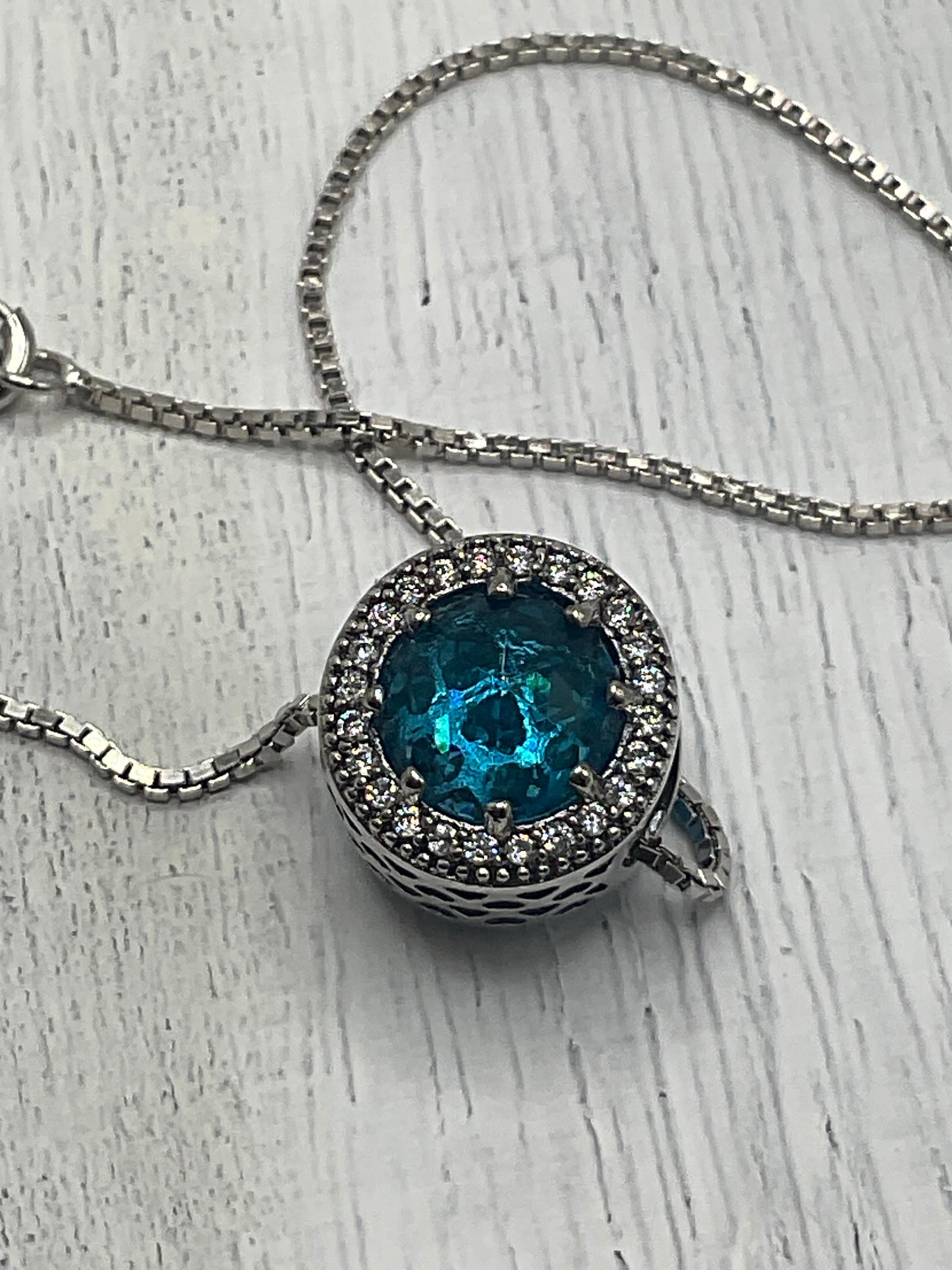 Aqua March Birthstone Aquamarine Blue Necklace Pendant on an 18” 925 Sterling Silver Box Chain