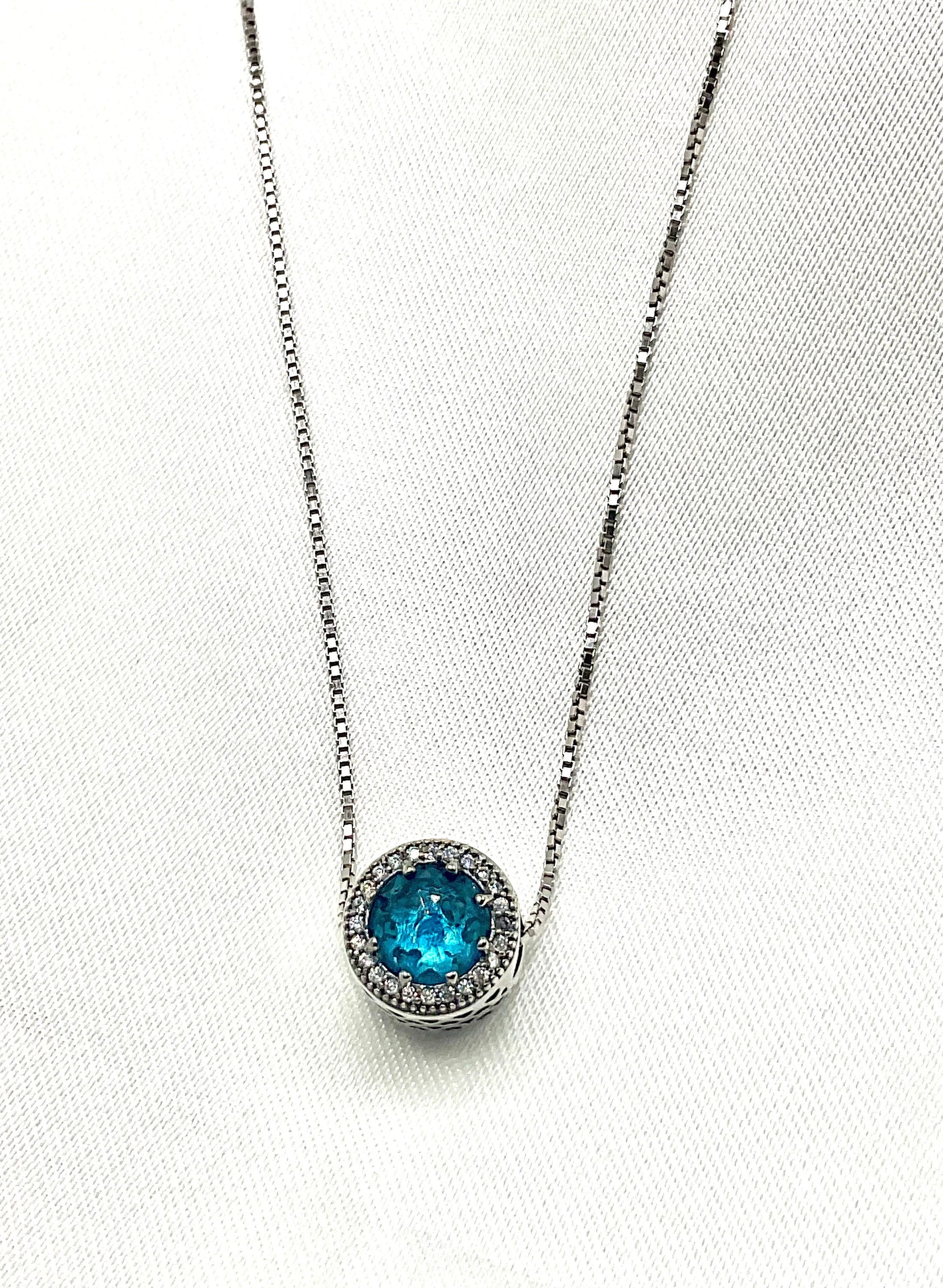 Aqua March Birthstone Aquamarine Blue Necklace Pendant on an 18” 925 Sterling Silver Box Chain