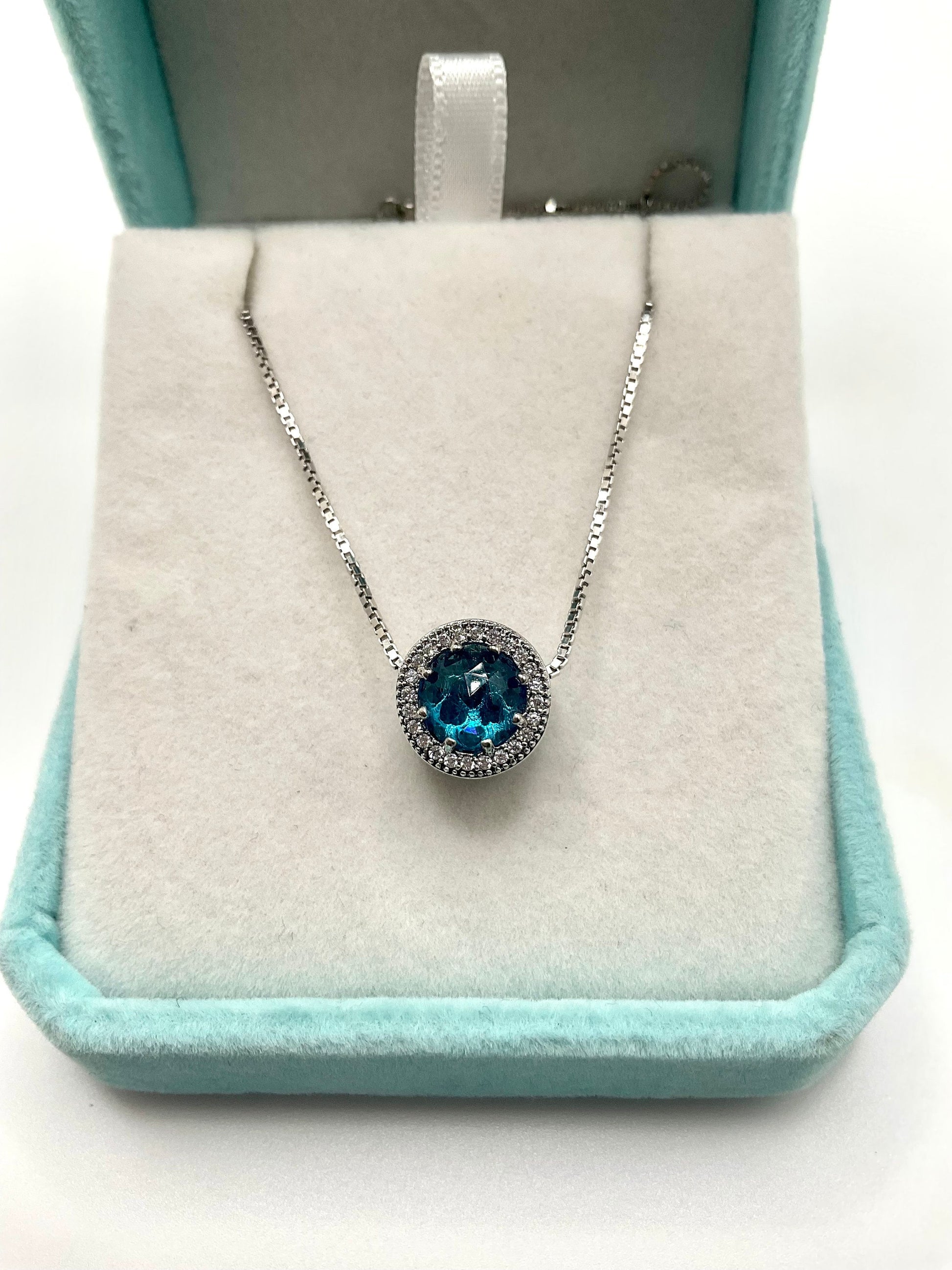 Aqua March Birthstone Aquamarine Blue Necklace Pendant on an 18” 925 Sterling Silver Box Chain