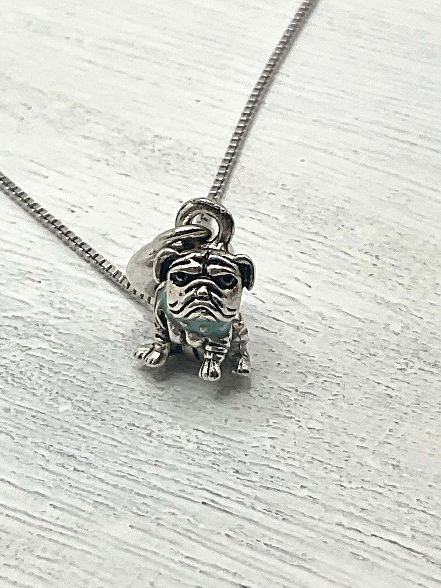 Bulldog Charm Necklace Pendant on an 18” 925 Sterling Silver Box Chain