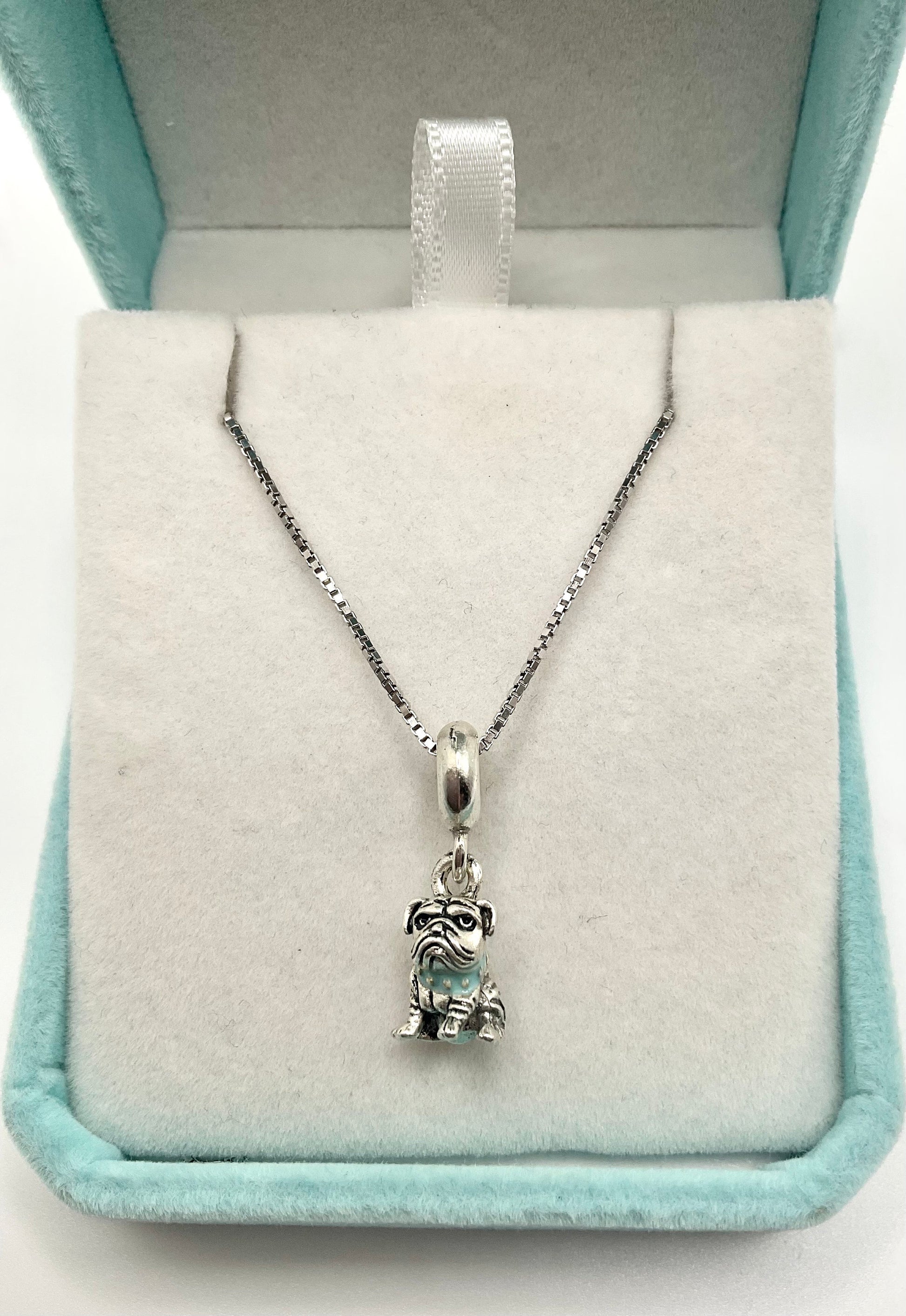 Bulldog Charm Necklace Pendant on an 18” 925 Sterling Silver Box Chain