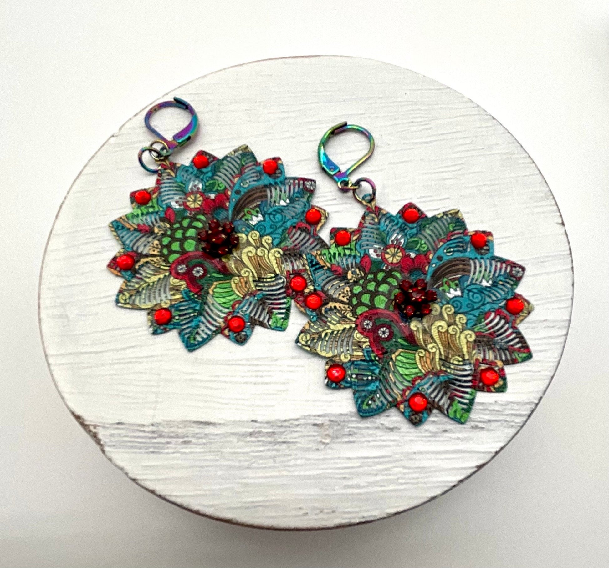 Red and Green Flower Shaped Dangle Earrings with Swarovski Crystal Accents - Christmas Holiday Jewelry