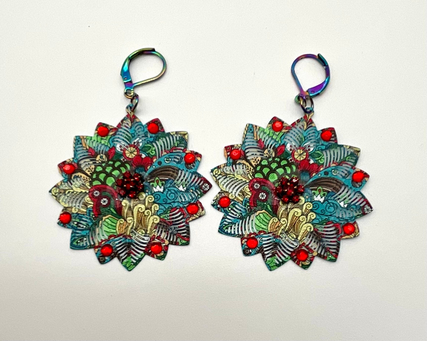 Red and Green Flower Shaped Dangle Earrings with Swarovski Crystal Accents - Christmas Holiday Jewelry