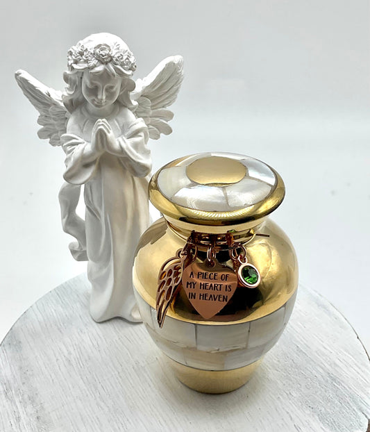 Mother of Pearl Memorial Cremation Funeral Ash Urn with Charm, Stainless Steel Angel Charm with Birthstone