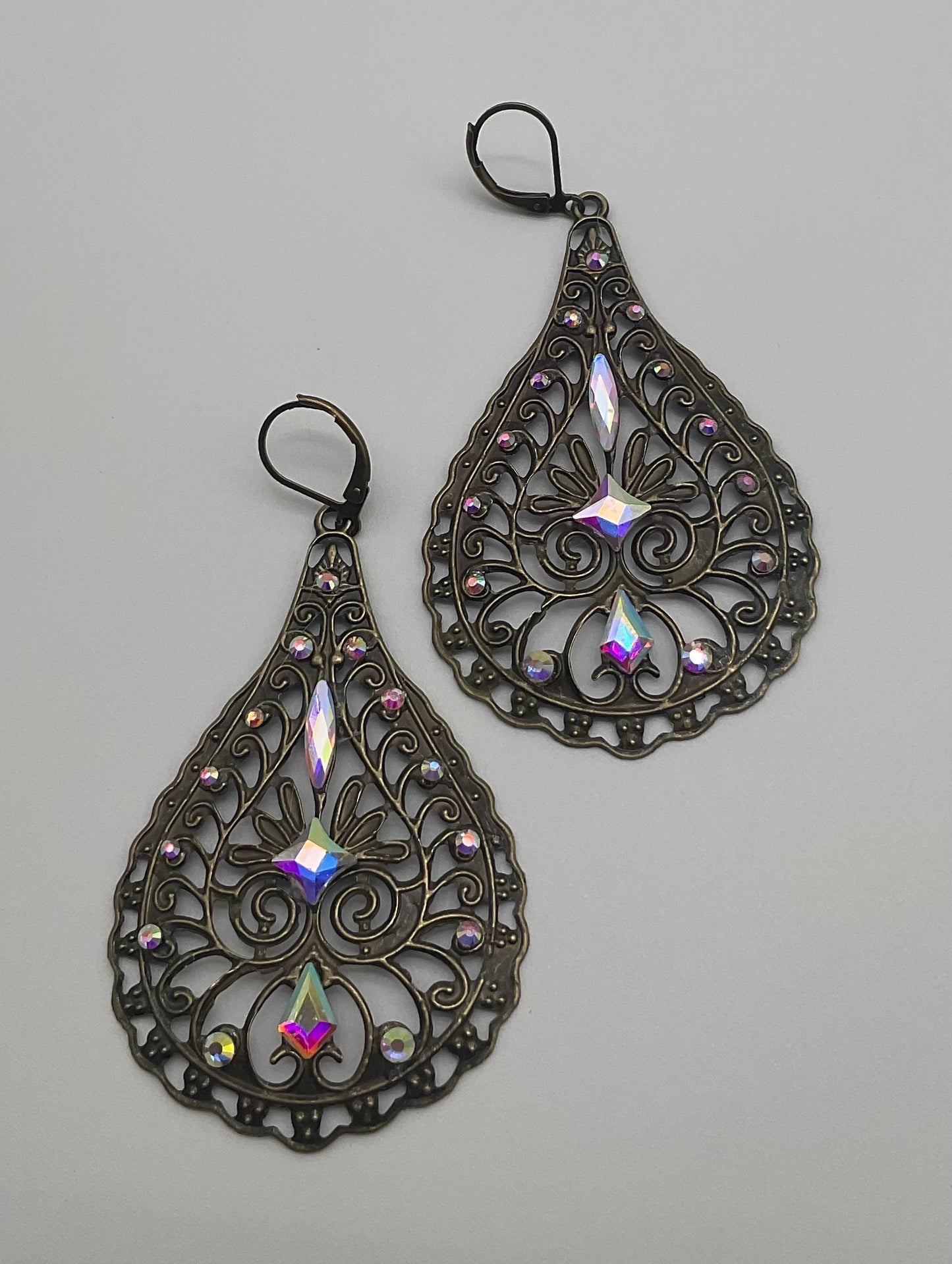 Brass Tear Drop Shaped Dangle Earrings with AB Crystal Accents