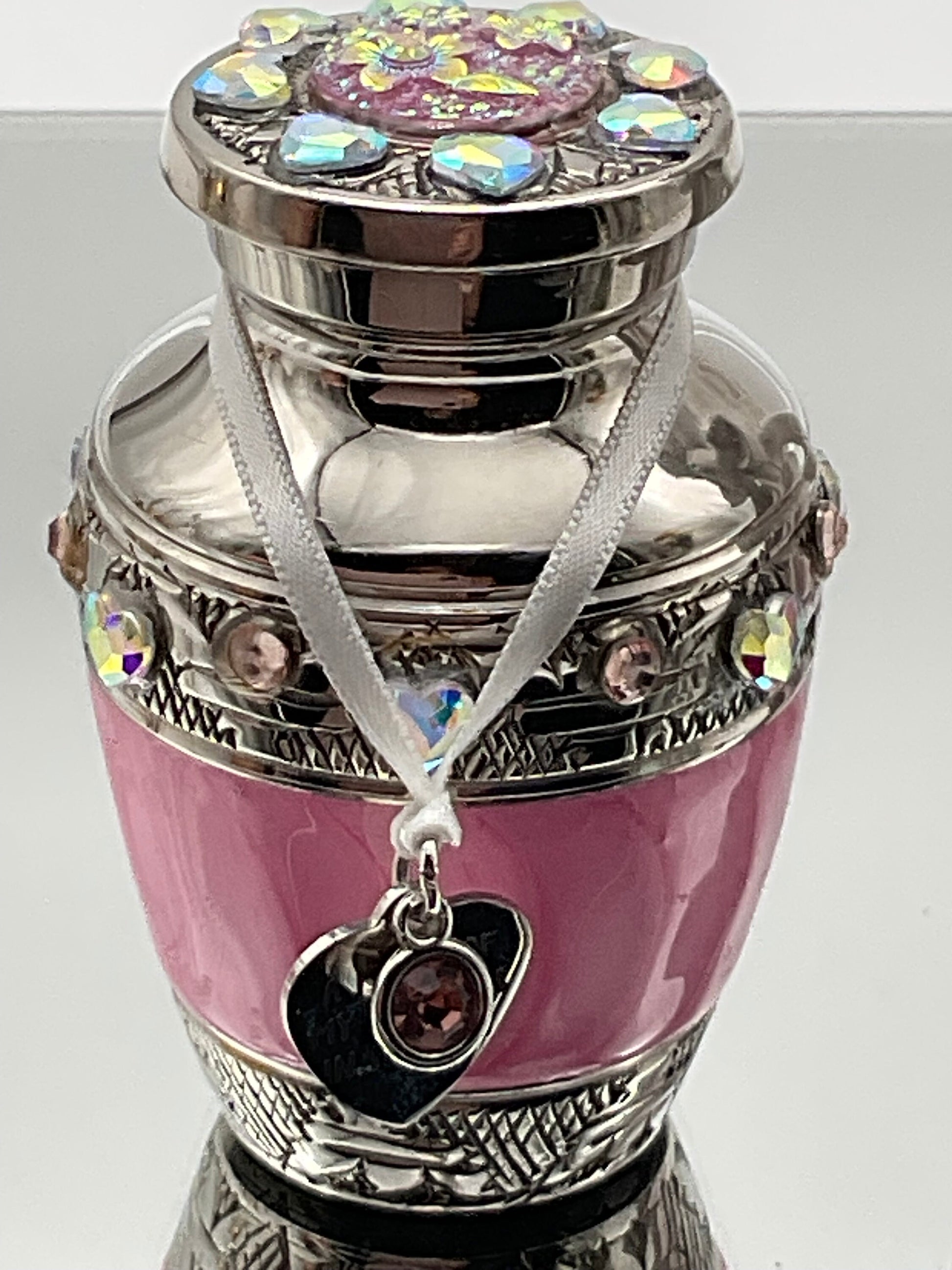 Pink Memorial Cremation Funeral Ash Urn with Charm, Stainless Steel Heart Charm with Birthstone