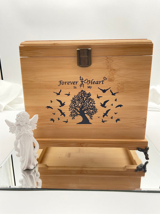 Human Ash Urn Wooden Box Cremation Memorial Container Forever in my Heart - Angel Cherub Hardware