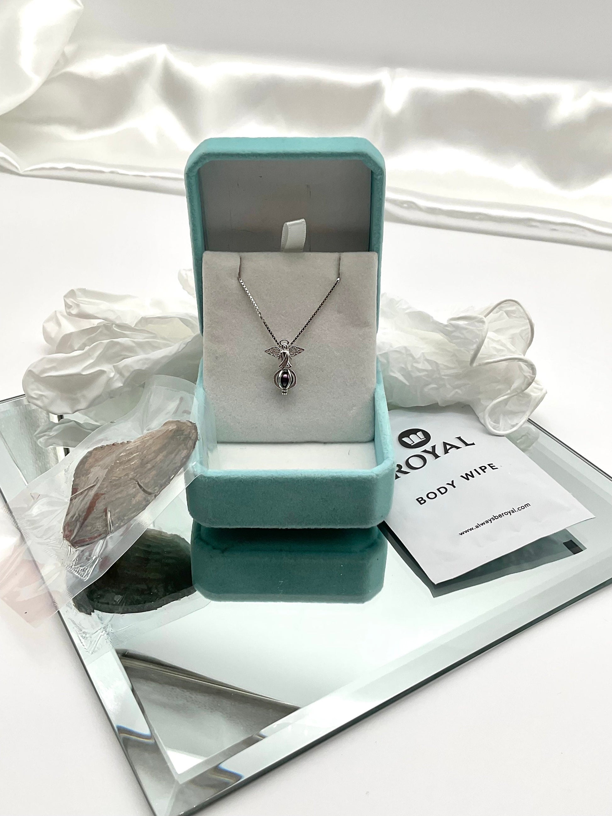 Oyster with Cultured Pearl with a 925 Sterling Silver Rhinestone Angel Pendent on an 18” 925 Sterling Silver Box Necklace - Assorted Colors