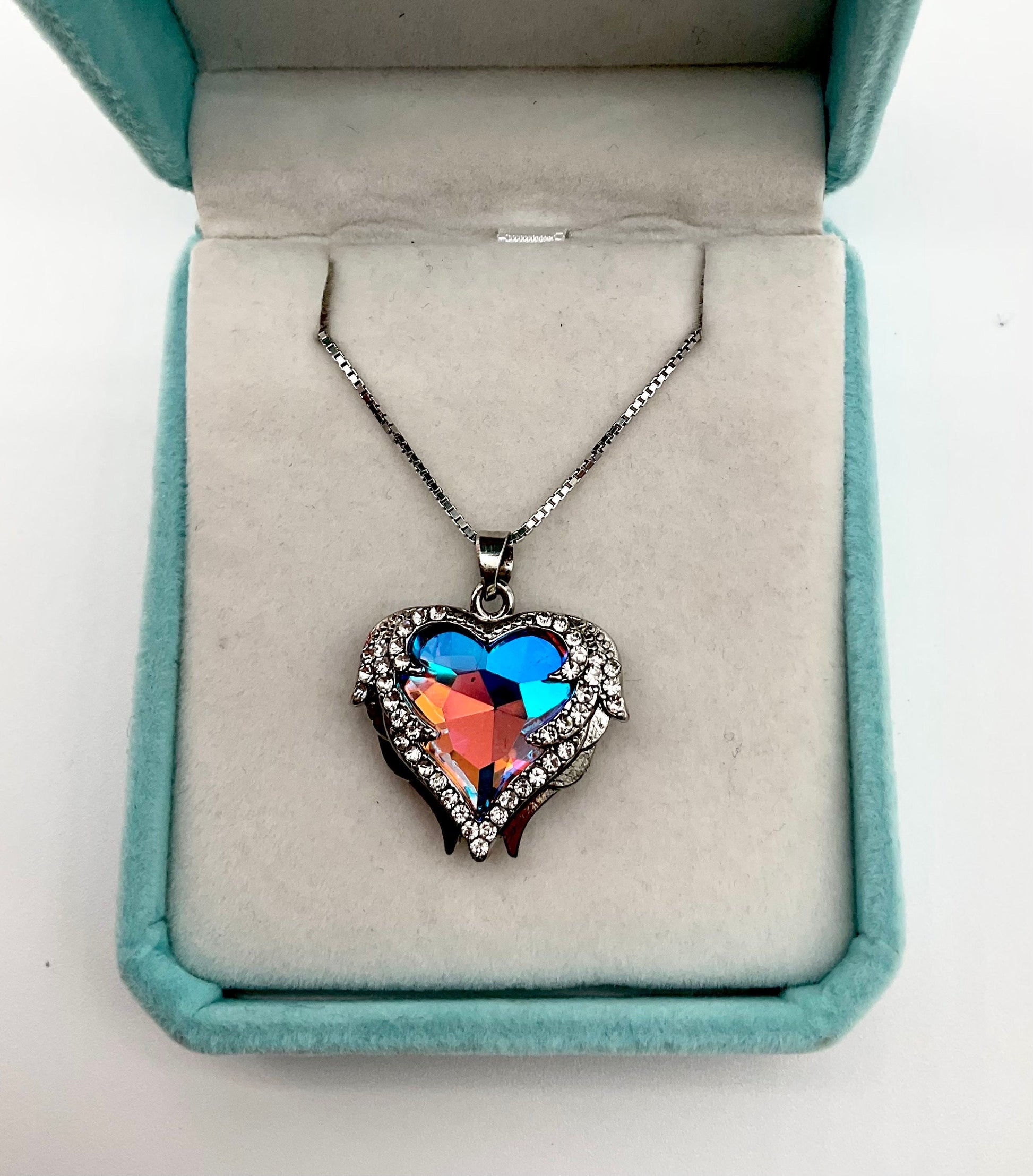 Diamond Rhinestone Heart Pendant Necklace on 18” Sterling Silver Chain