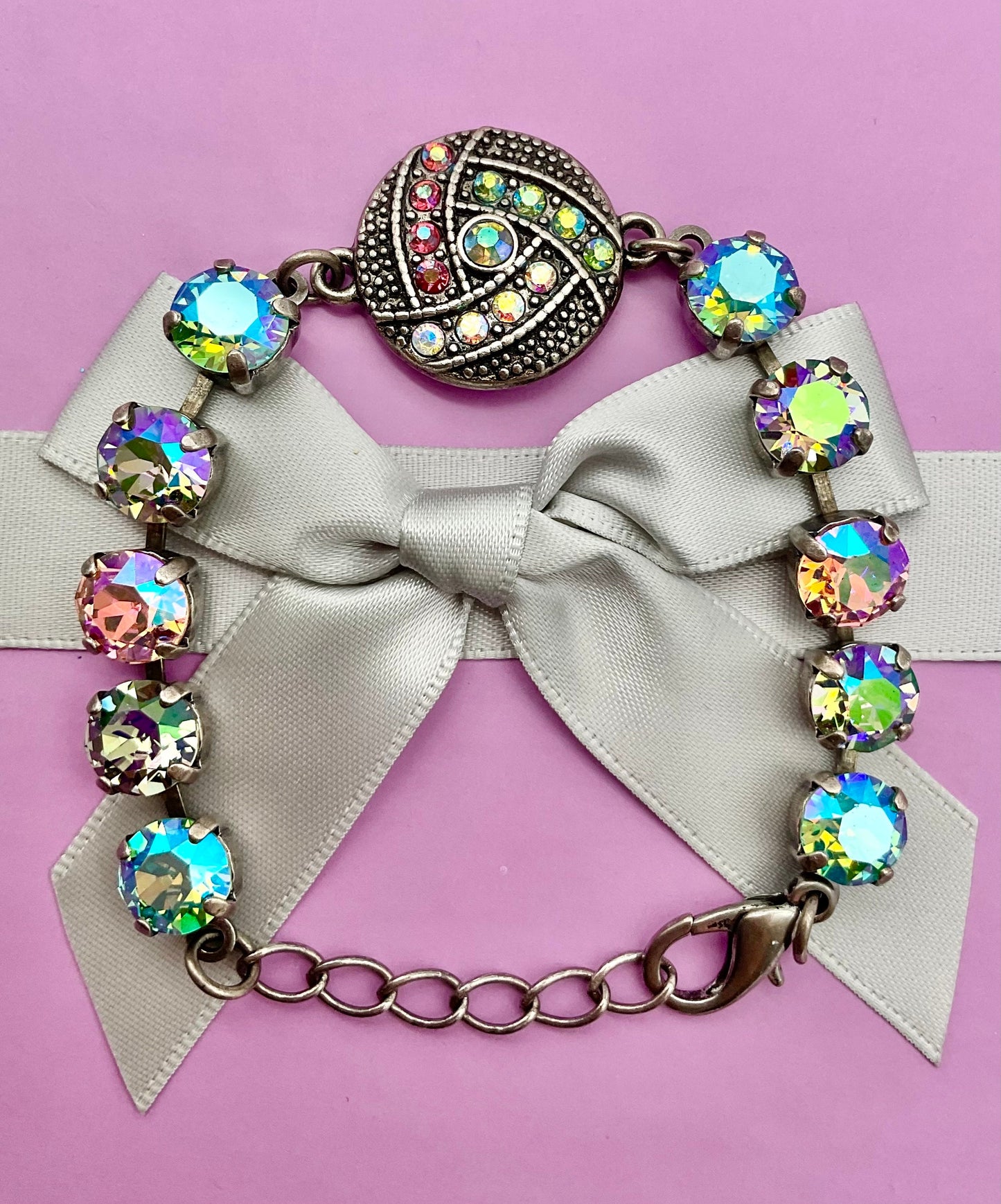 AB Multi Colored Crystal Swarovski Accent Antique Silver Bracelet Adjustable Length