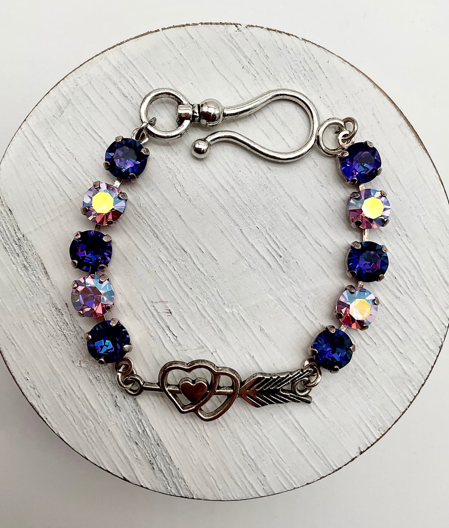 Crystal Swarovski Silver Bracelet with Purple and Pink Genuine Crystals on a Cup Chain with a Heart in the Center