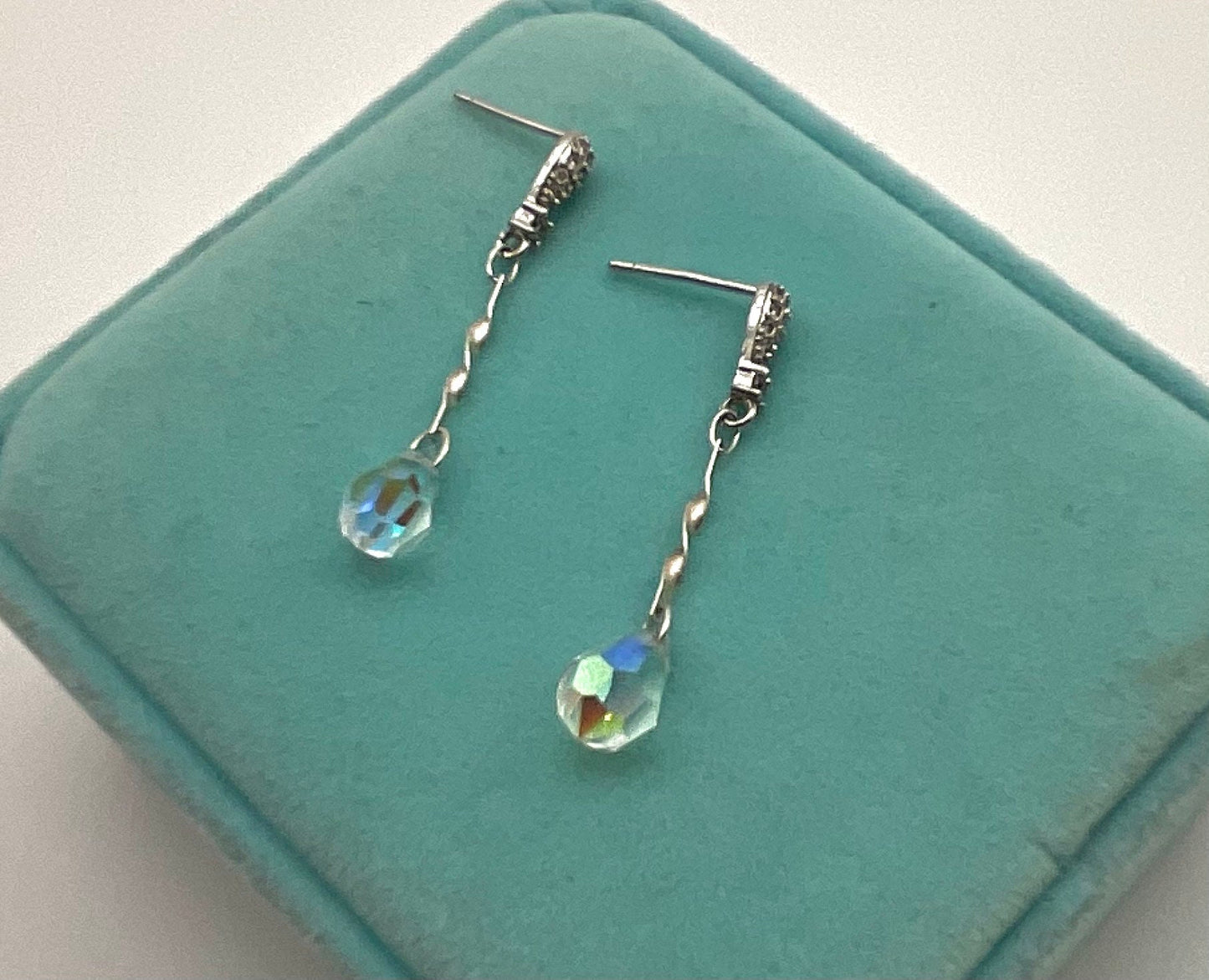 Silver Swarovski Crystal Drop Dangle Earrings AB with Rhinestone Accent Earrings