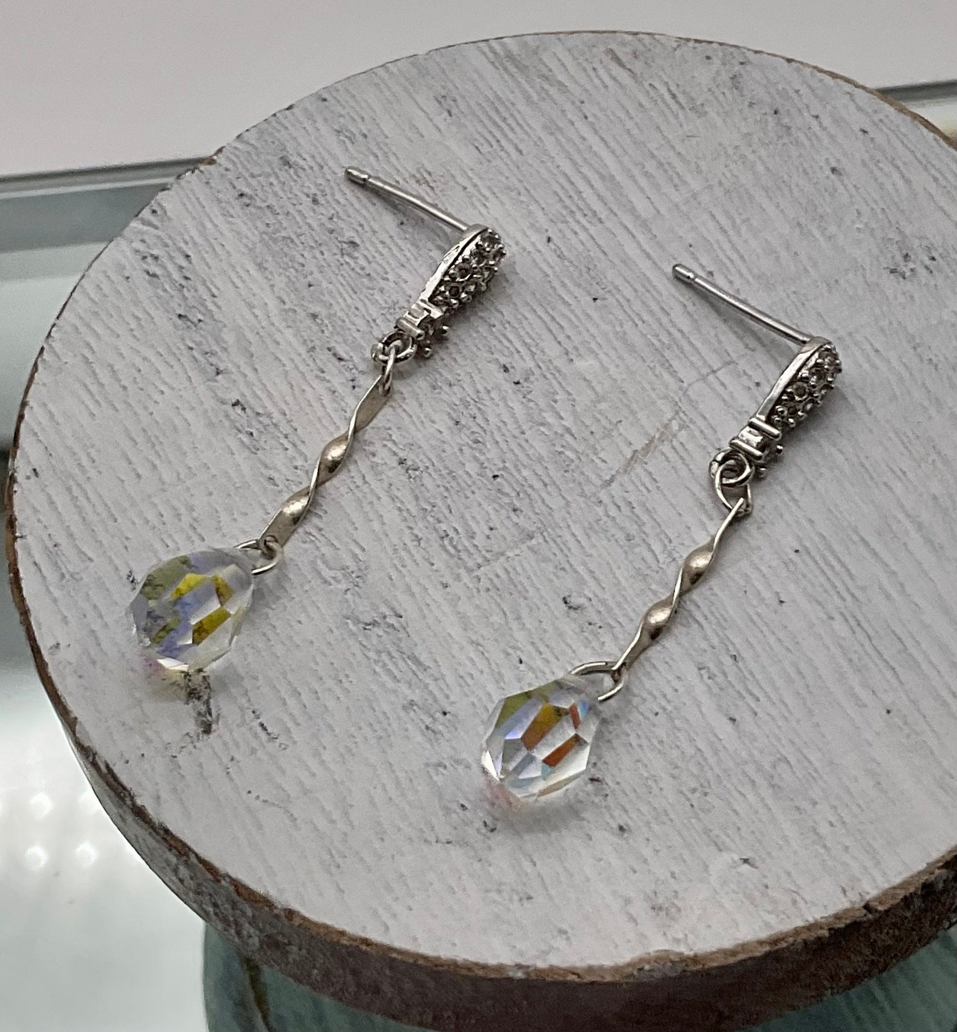 Silver Swarovski Crystal Drop Dangle Earrings AB with Rhinestone Accent Earrings