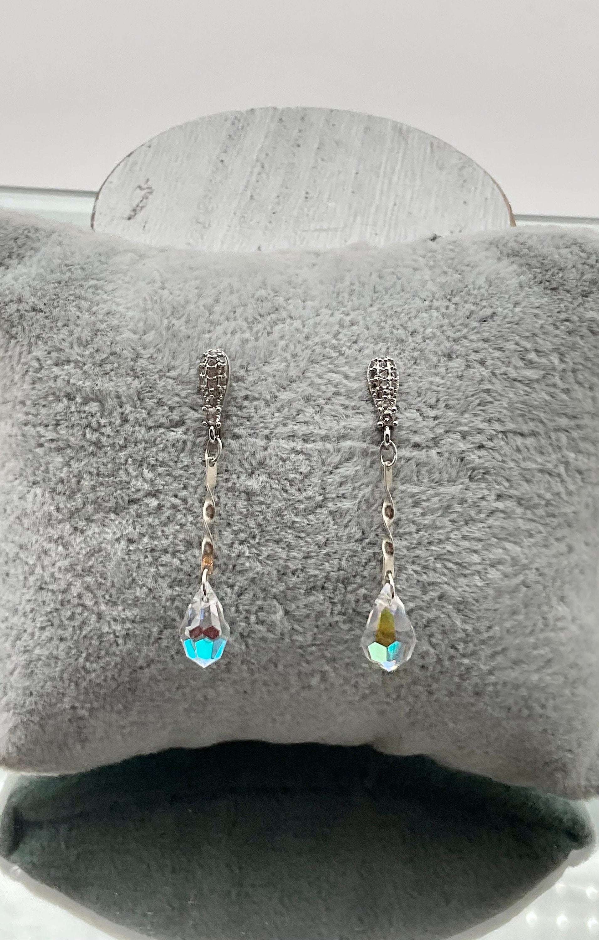 Silver Swarovski Crystal Drop Dangle Earrings AB with Rhinestone Accent Earrings