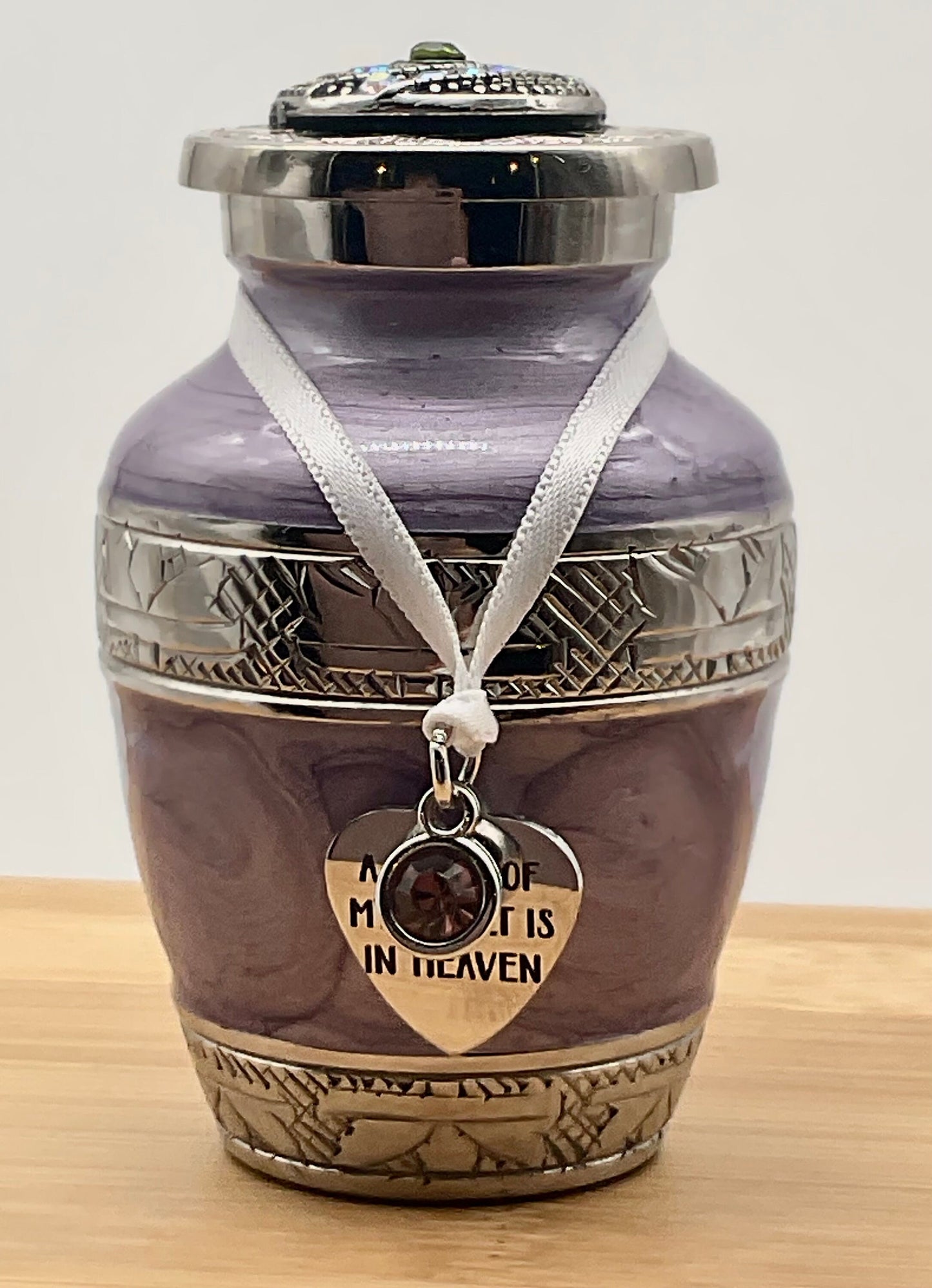 Lavender / Purple Memorial Cremation Funeral Ash Urn with Charm, Stainless Steel Heart Charm with Birthstone