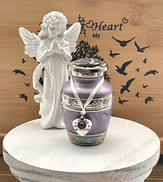 Lavender / Purple Memorial Cremation Funeral Ash Urn with Charm, Stainless Steel Heart Charm with Birthstone