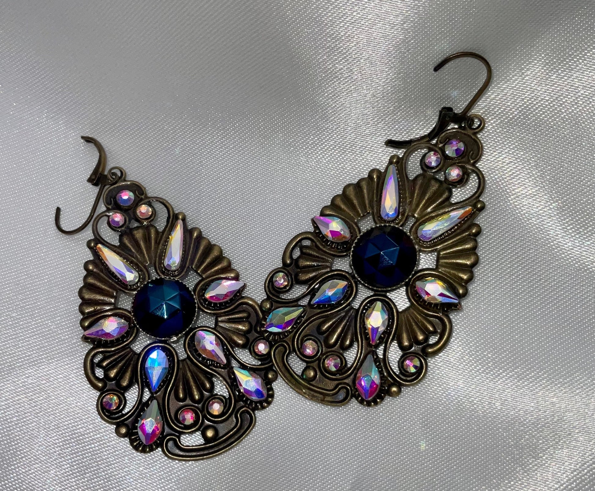 Brass Blue Sapphire September Floral Tear Drop Shaped Dangle Earrings with AB Crystal Accents