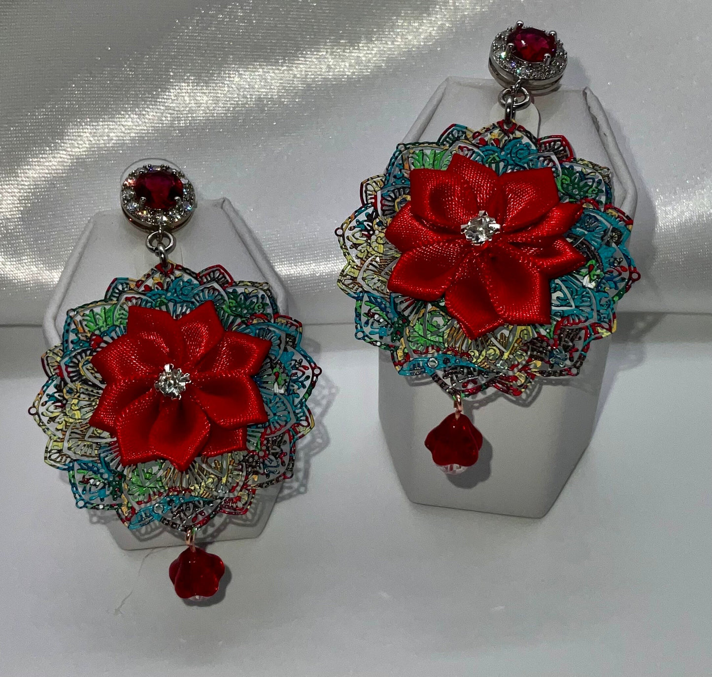 Holiday Christmas Red Poinsettia Flower Shaped Dangle Earrings with Crystal Accents