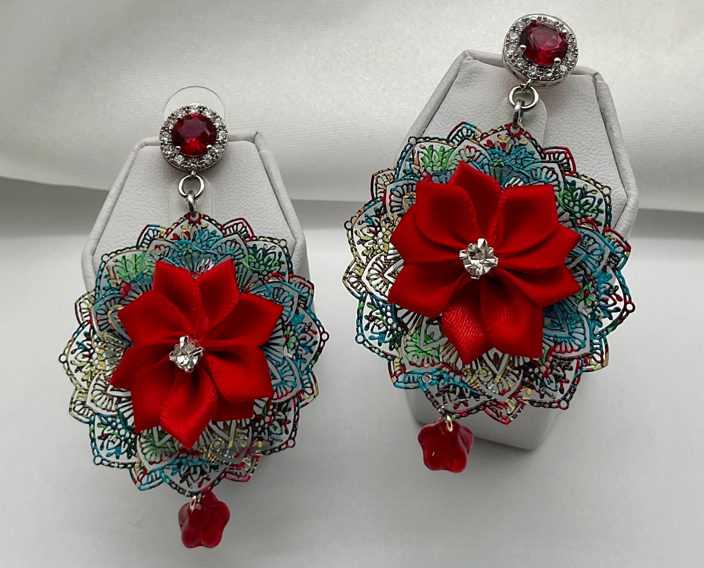 Holiday Christmas Red Poinsettia Flower Shaped Dangle Earrings with Crystal Accents