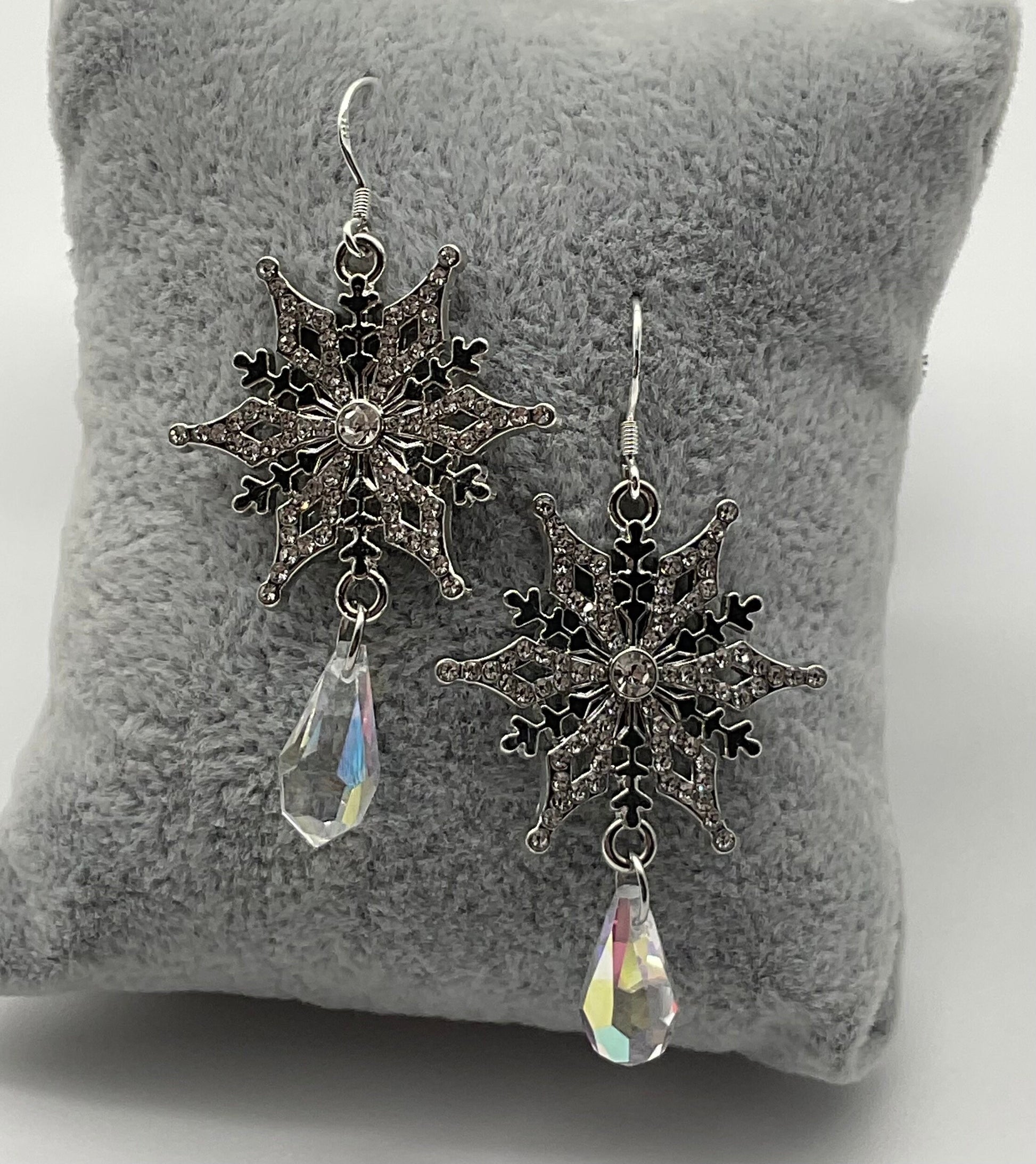 Silver Snowflake Sterling Silver Ear Wire Procosia Crystal Drop Dangle Earrings AB - Christmas Holiday Jewelry