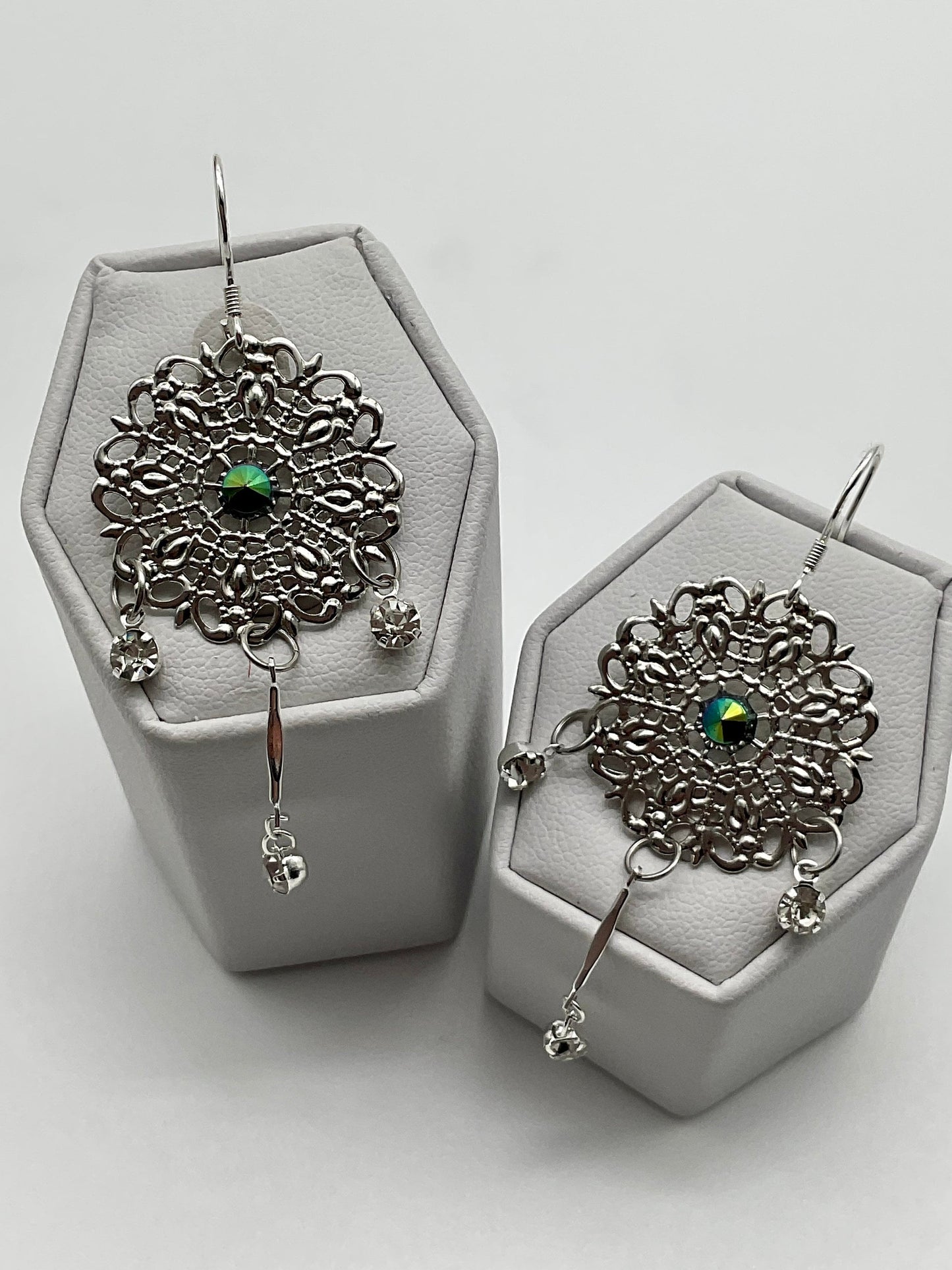 Silver Green Rhinestone Accent Round Dangle Earrings