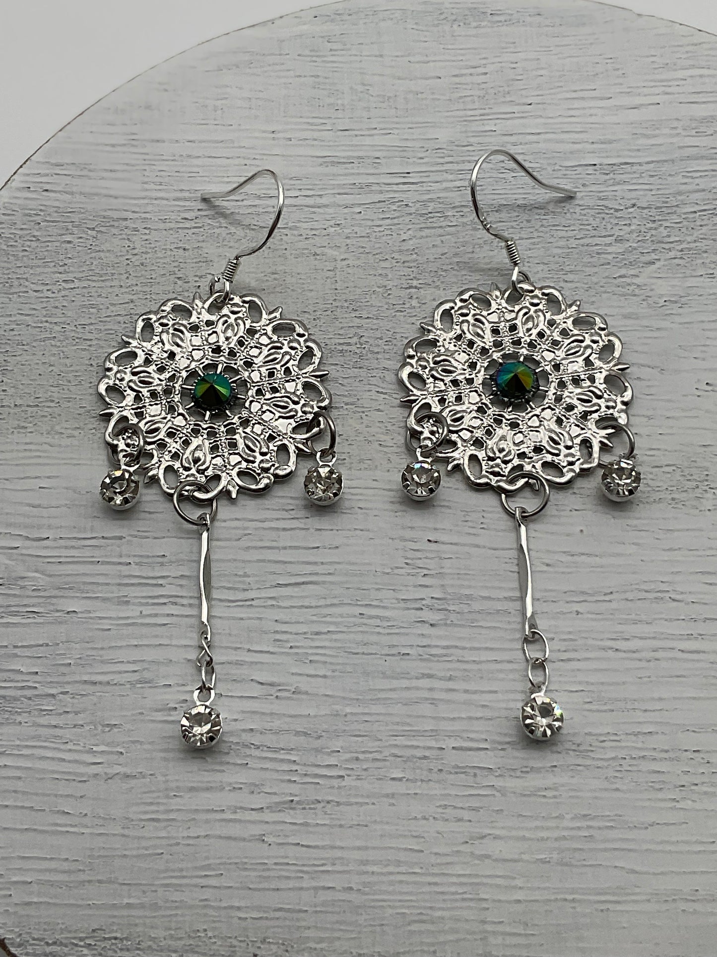 Silver Green Rhinestone Accent Round Dangle Earrings