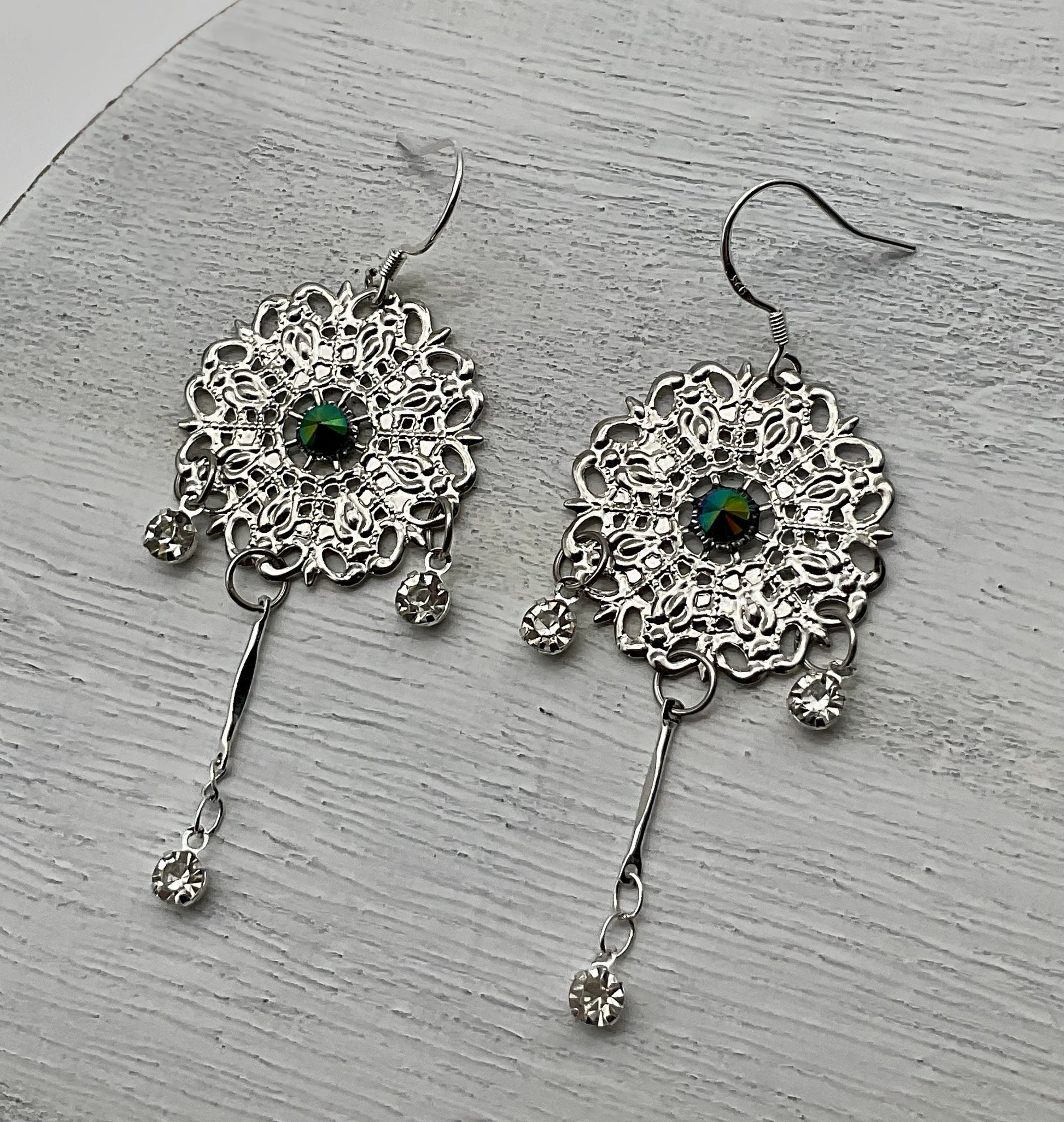 Silver Green Rhinestone Accent Round Dangle Earrings