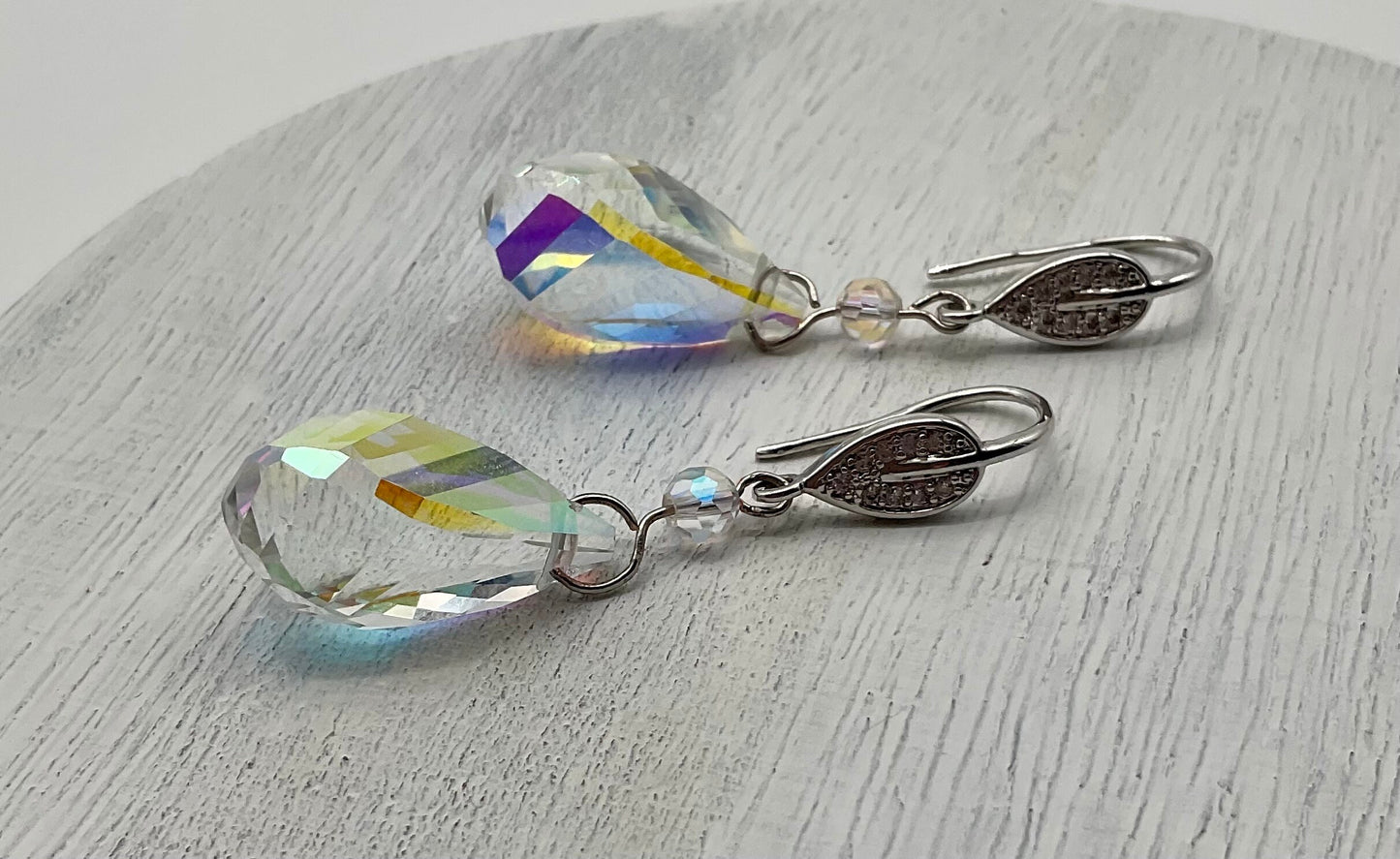 Silver Swarovski Teardrop Crystal Drop Dangle Earrings AB Earrings