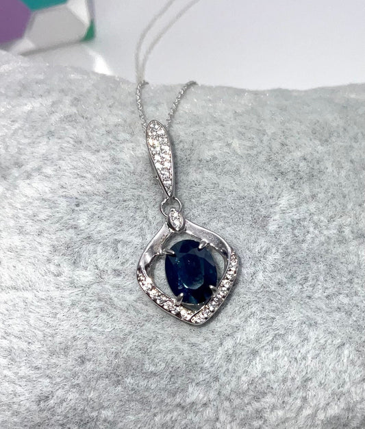 Genuine Blue Sapphire September Birthstone Necklace CZ Accent Pendant on an 18” Sterling Silver Chain