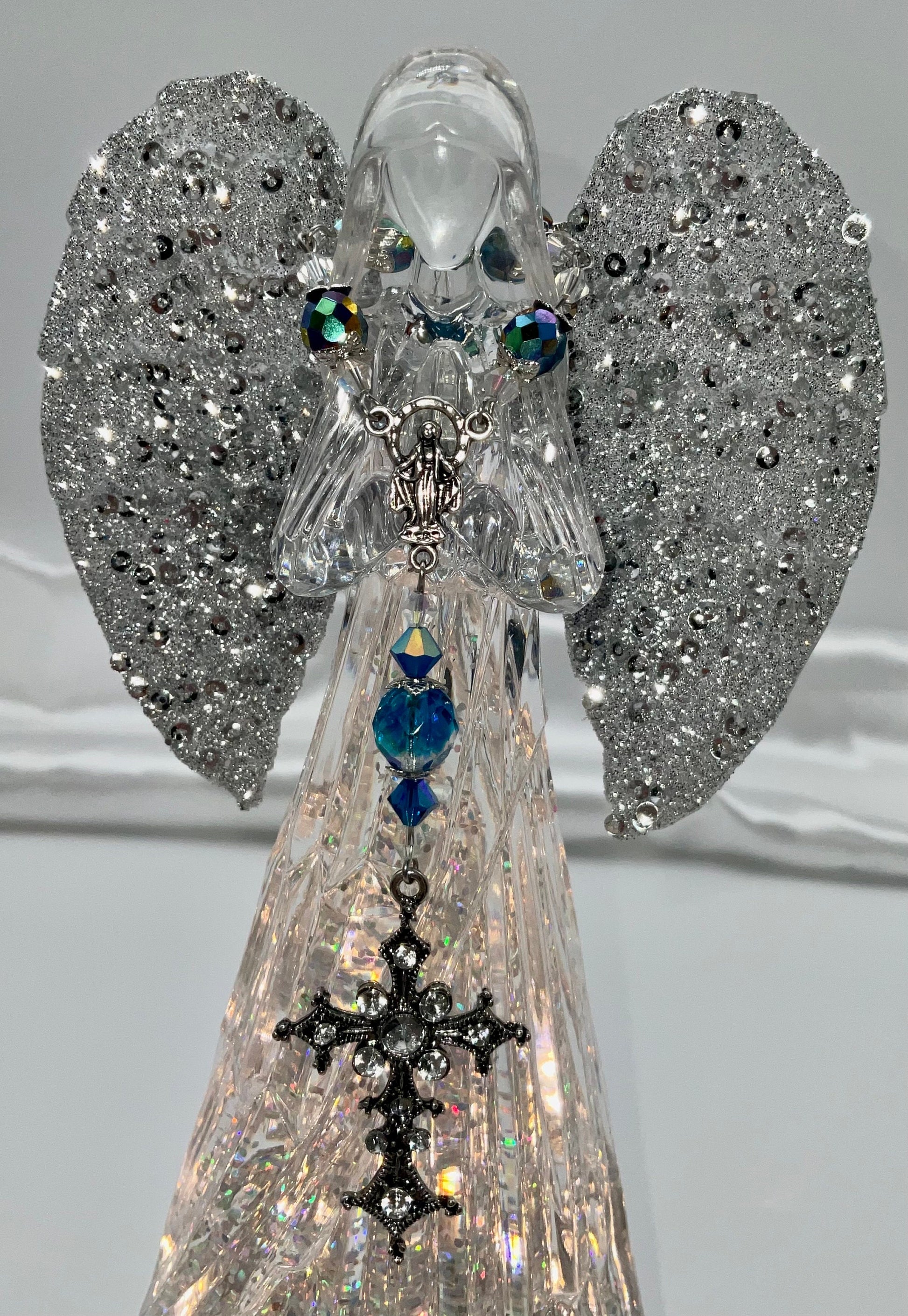 Blue Crystal Beaded Pocket Rosary Catholic Christian Religious Jewelry Hand Made with Rhinestone Accent Cross - 1 Decade