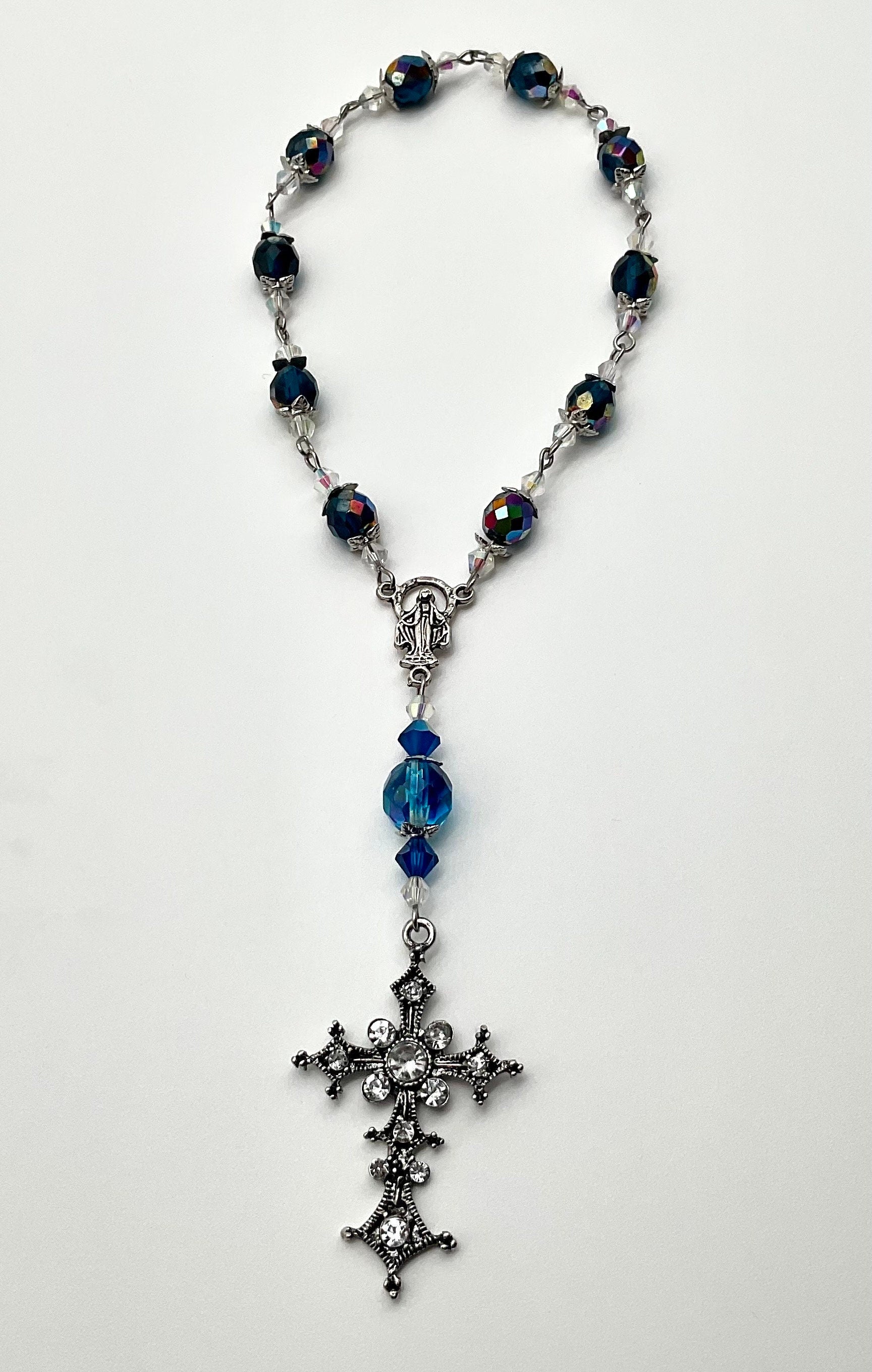 Blue Crystal Beaded Pocket Rosary Catholic Christian Religious Jewelry Hand Made with Rhinestone Accent Cross - 1 Decade