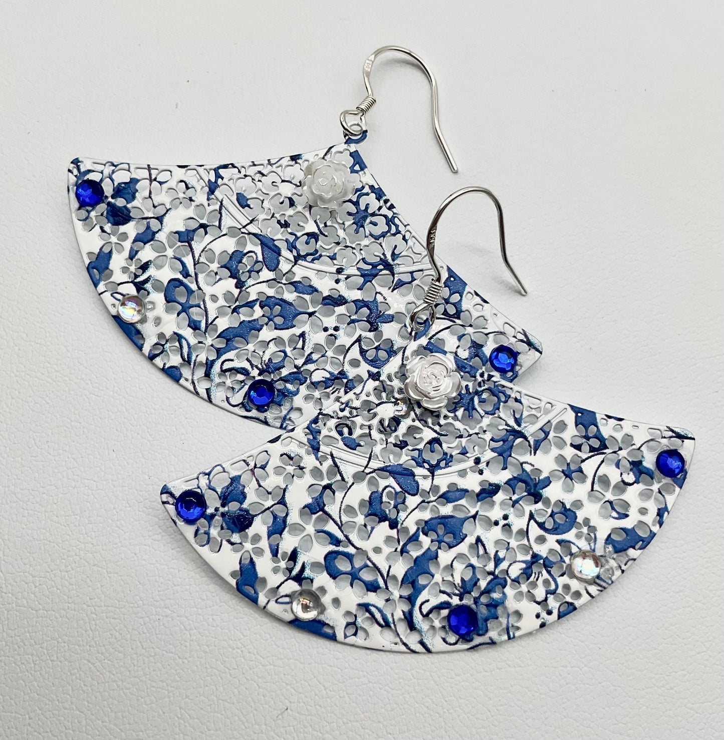 Blue and White Fan Shaped Dangle Earrings with AB Crystal Accents