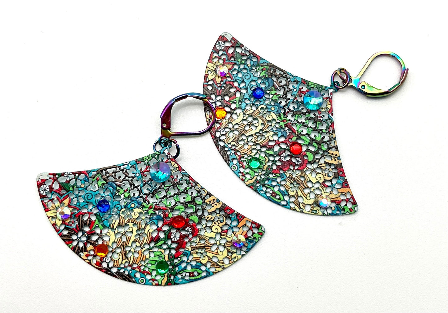 Multi Colored Fan Shaped Dangle Earrings with Crystal Accents