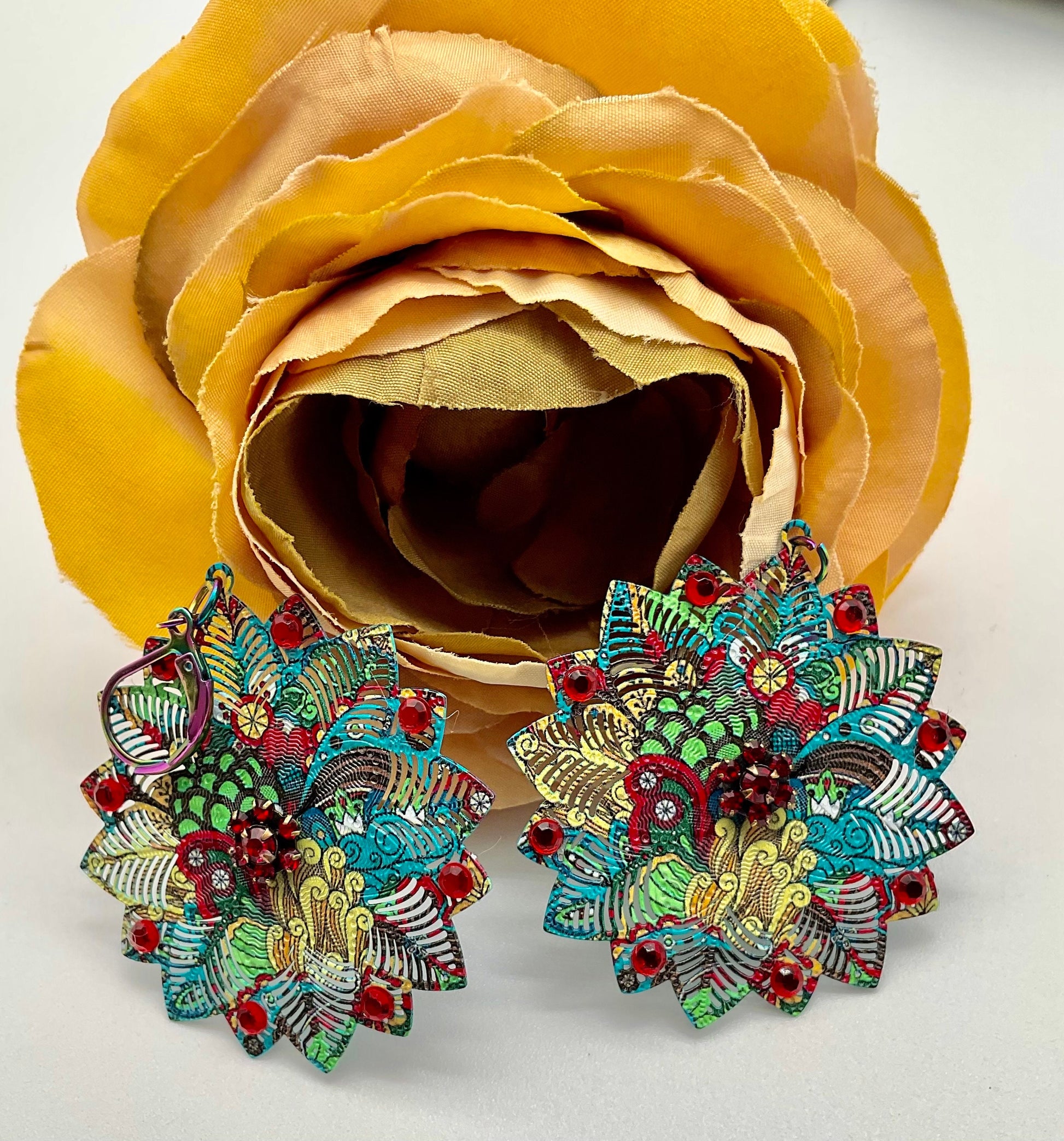 Red and Green Flower Shaped Dangle Earrings with Swarovski Crystal Accents - Christmas Holiday Jewelry