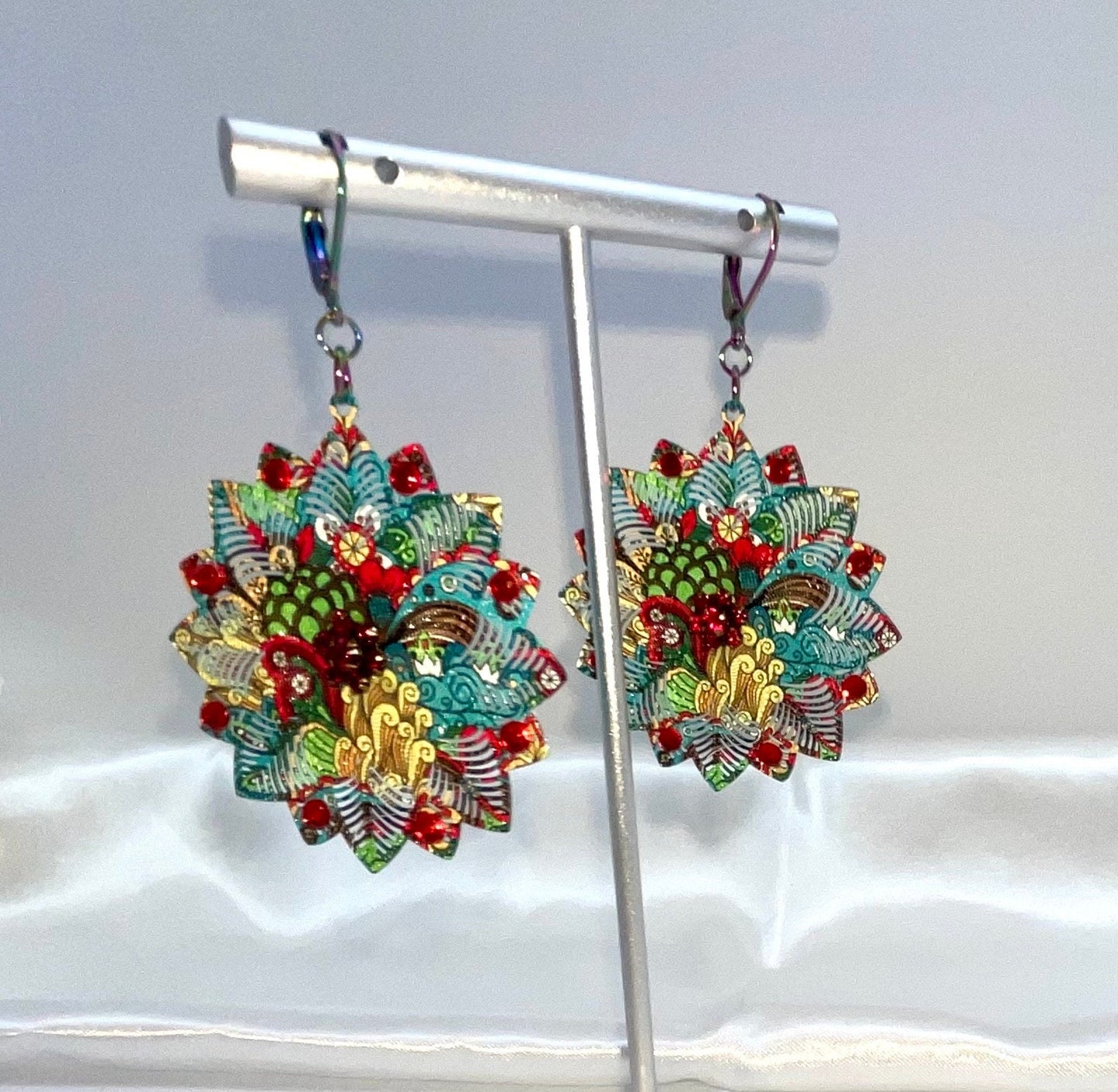 Red and Green Flower Shaped Dangle Earrings with Swarovski Crystal Accents - Christmas Holiday Jewelry