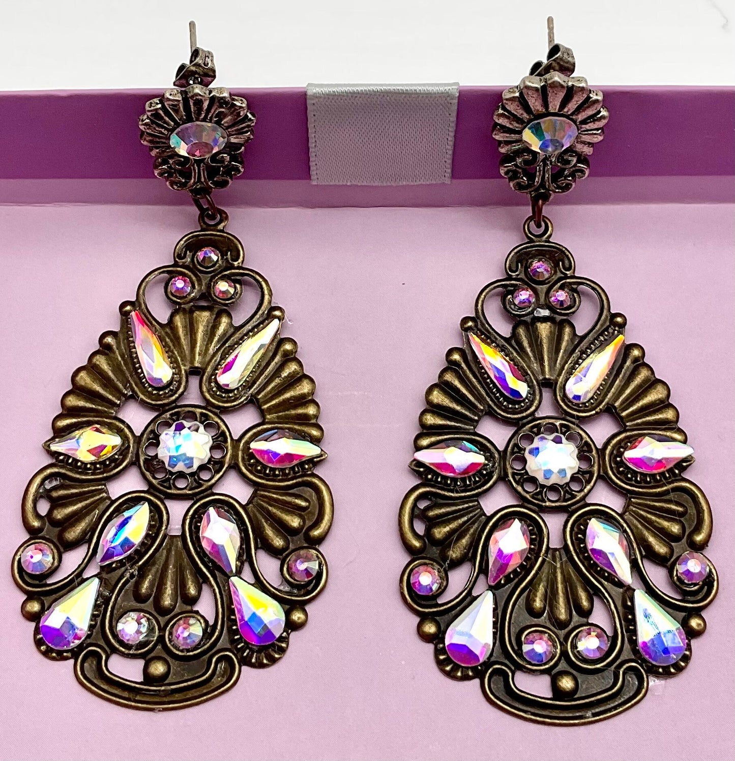 Brass Floral Tear Drop Shaped Dangle Earrings with AB Crystal Accents