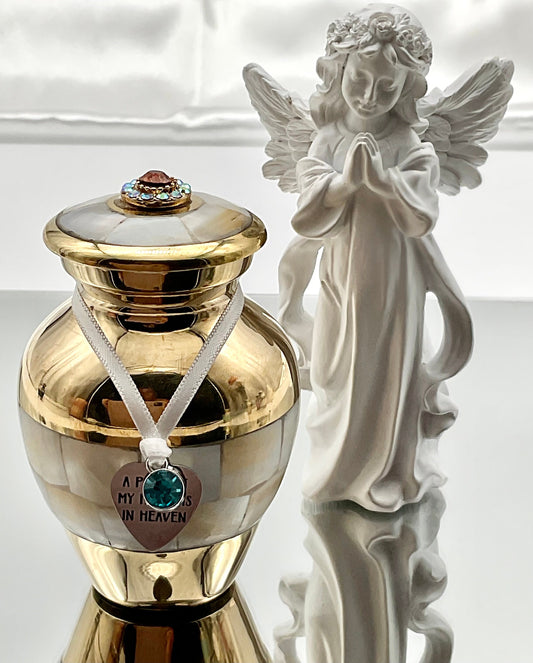 Mother of Pearl Memorial Cremation Funeral Ash Urn with Charm, Stainless Steel Angel Charm with Birthstone