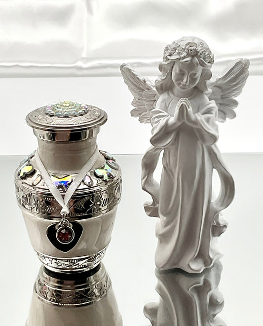 White Memorial Cremation Funeral Ash Urn with Charm, 925 Sterling Silver Angel Charm with Birthstone