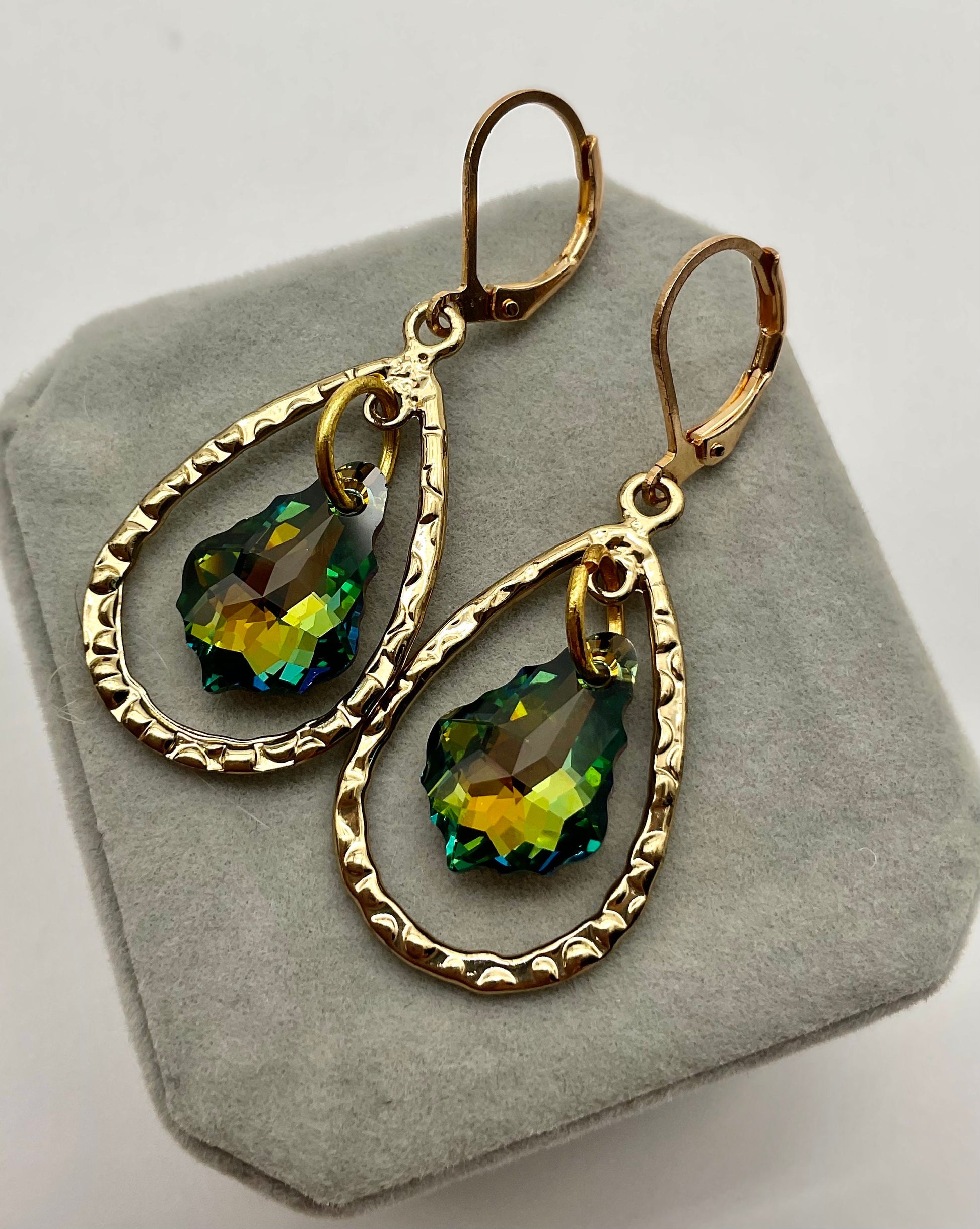 Gold Teardrop Genuine Baroque Swarovski Teal Dangle Earrings