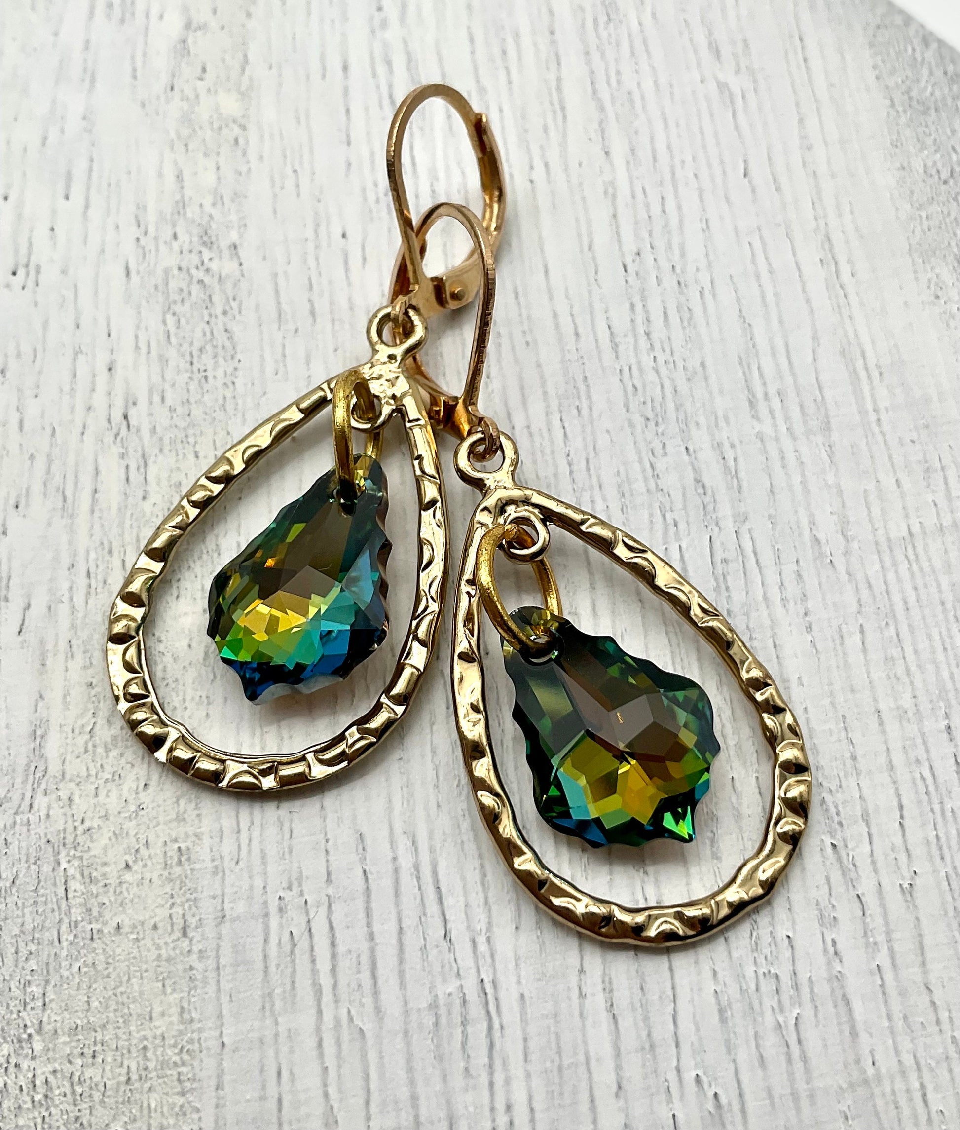 Gold Teardrop Genuine Baroque Swarovski Teal Dangle Earrings