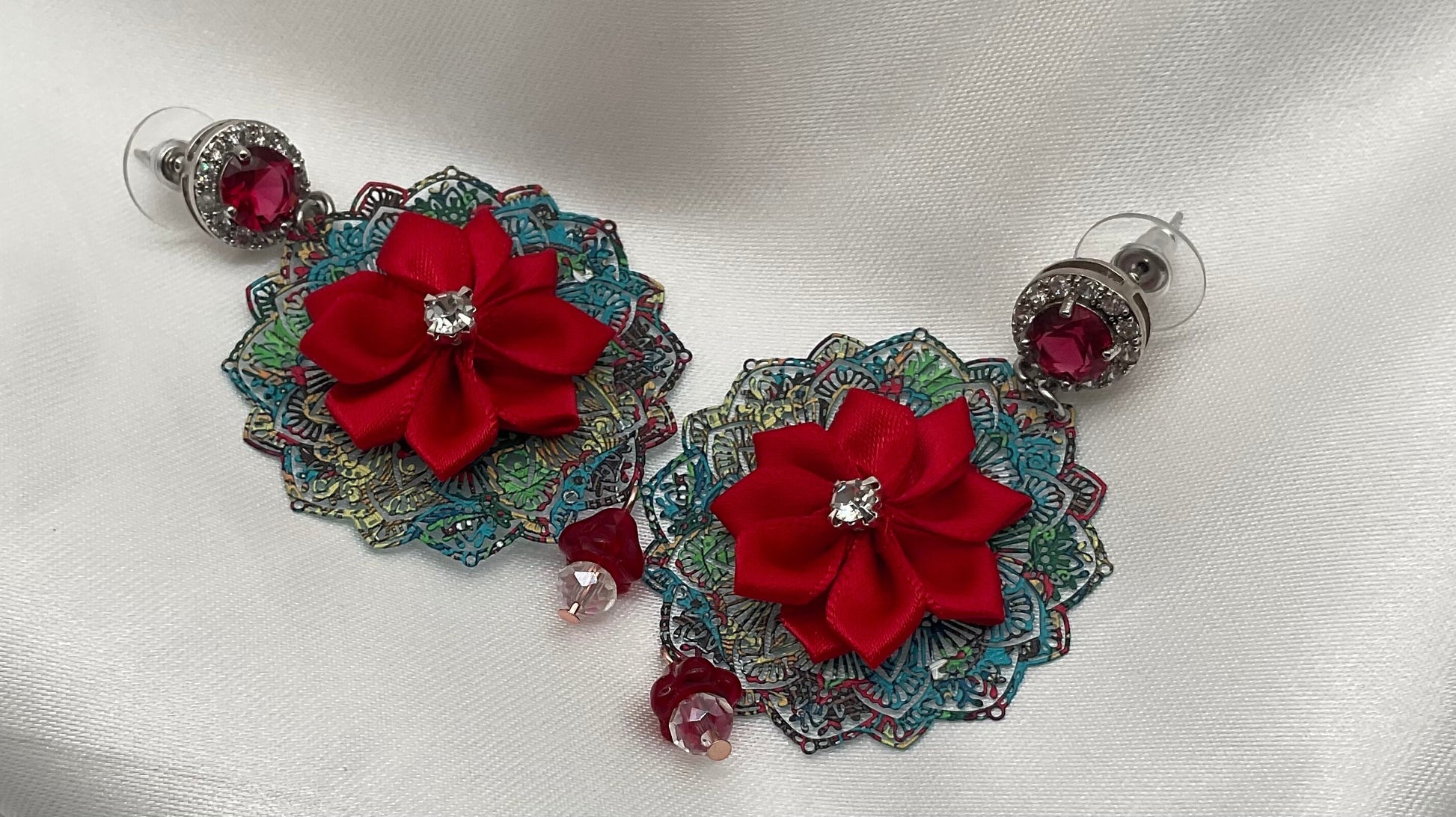 Holiday Christmas Red Poinsettia Flower Shaped Dangle Earrings with Crystal Accents