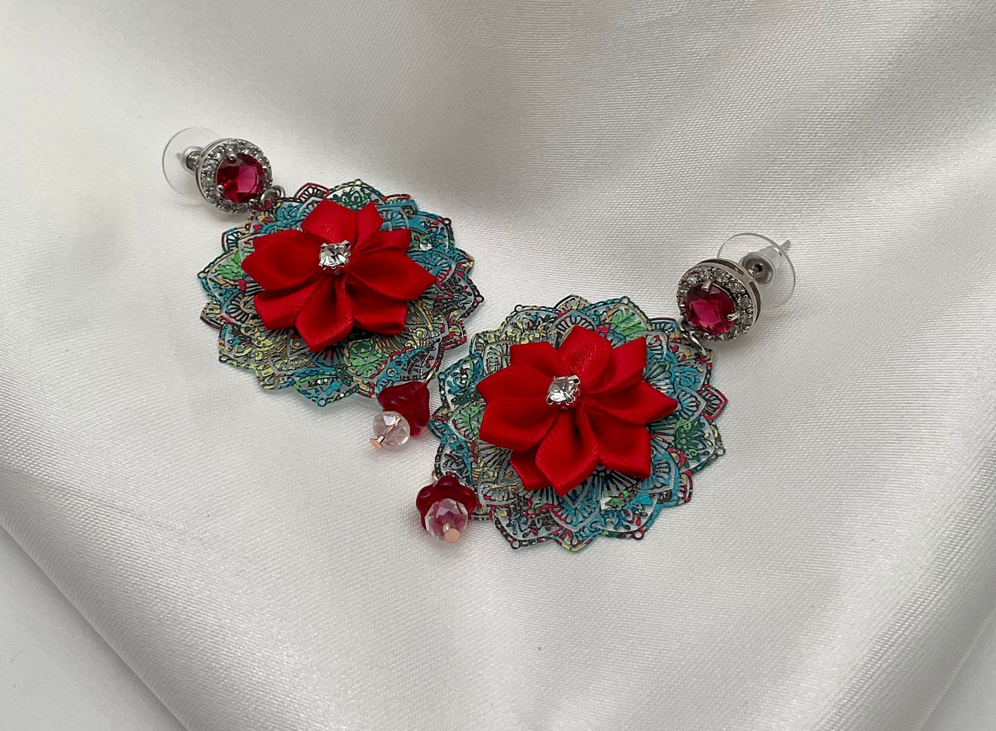 Holiday Christmas Red Poinsettia Flower Shaped Dangle Earrings with Crystal Accents