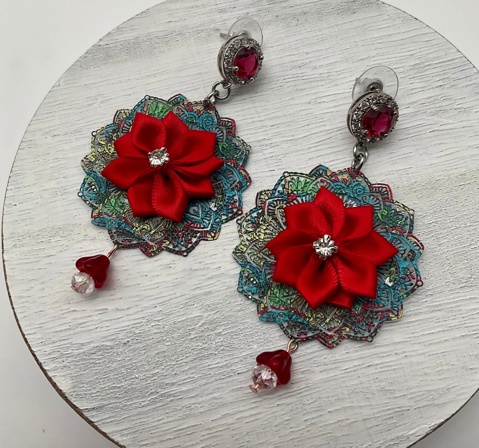 Holiday Christmas Red Poinsettia Flower Shaped Dangle Earrings with Crystal Accents