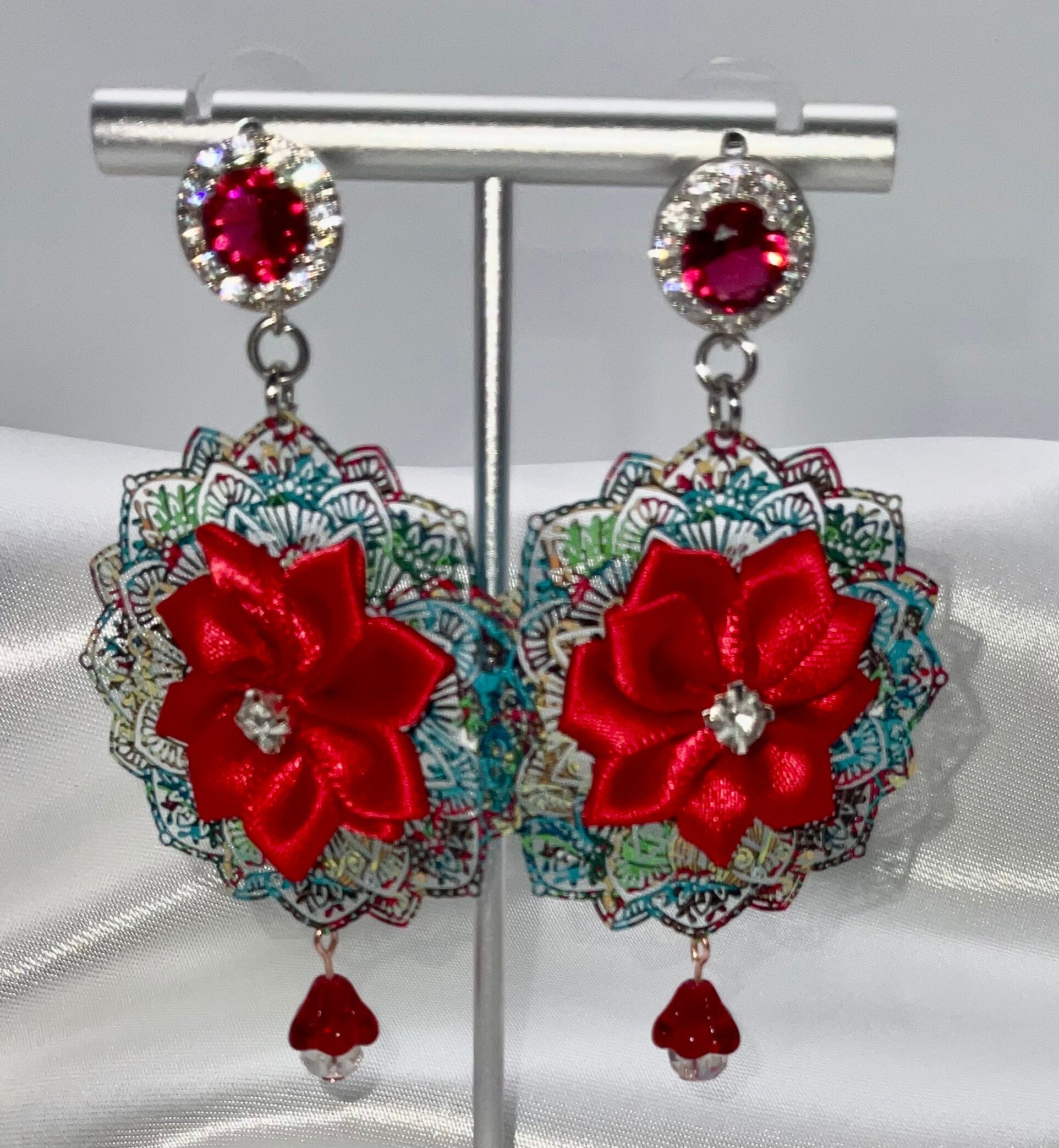 Holiday Christmas Red Poinsettia Flower Shaped Dangle Earrings with Crystal Accents