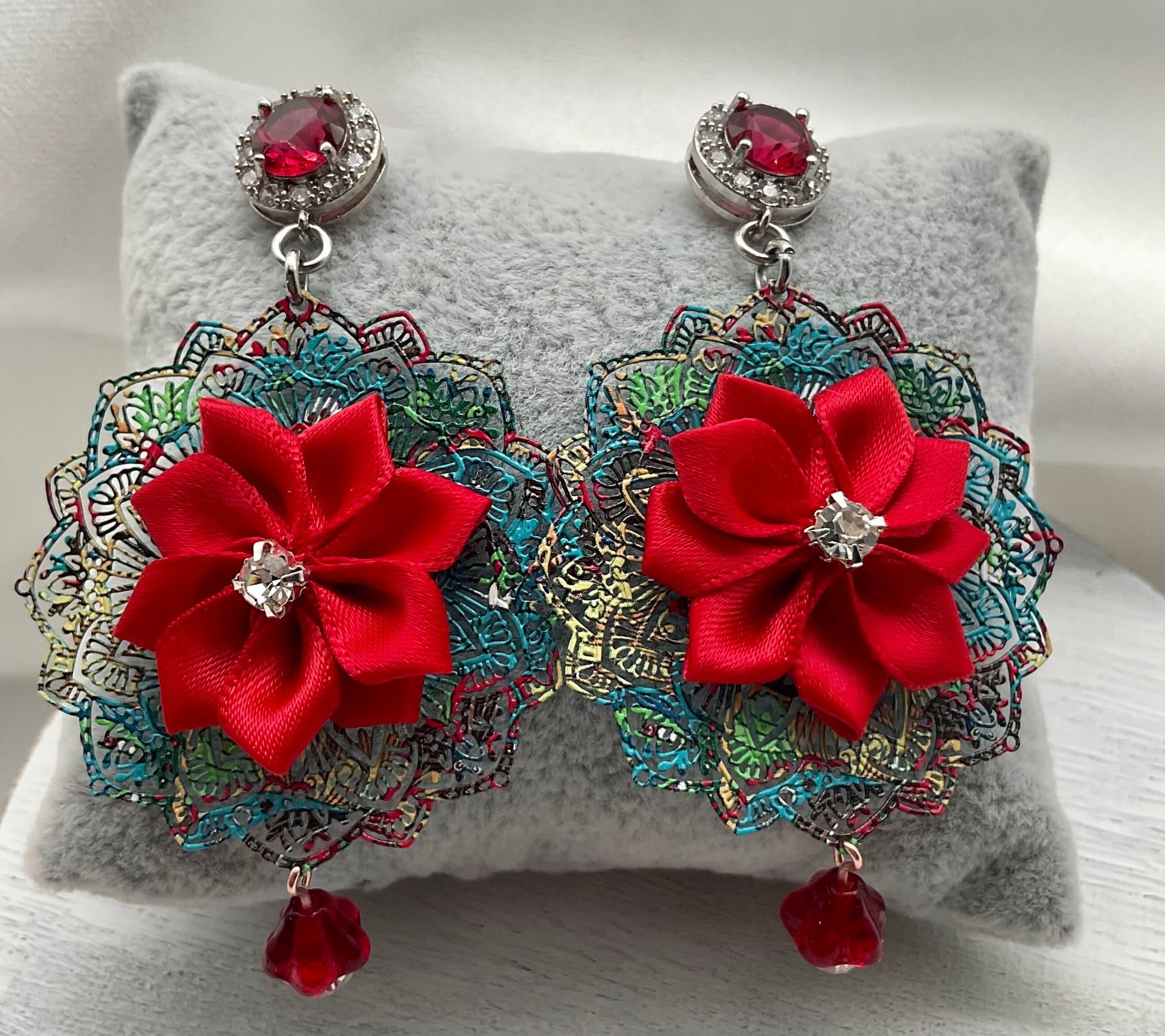 Holiday Christmas Red Poinsettia Flower Shaped Dangle Earrings with Crystal Accents