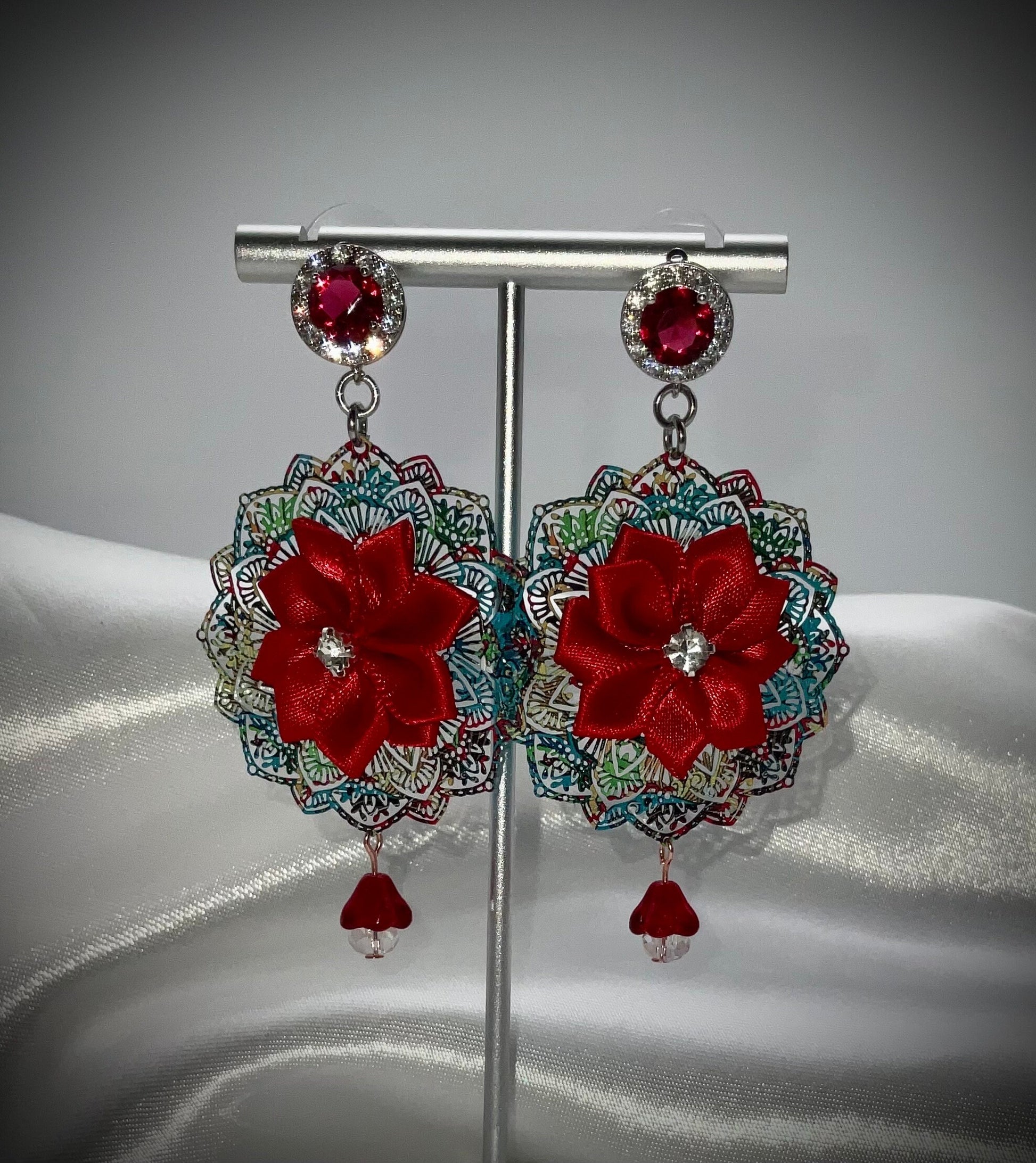 Holiday Christmas Red Poinsettia Flower Shaped Dangle Earrings with Crystal Accents